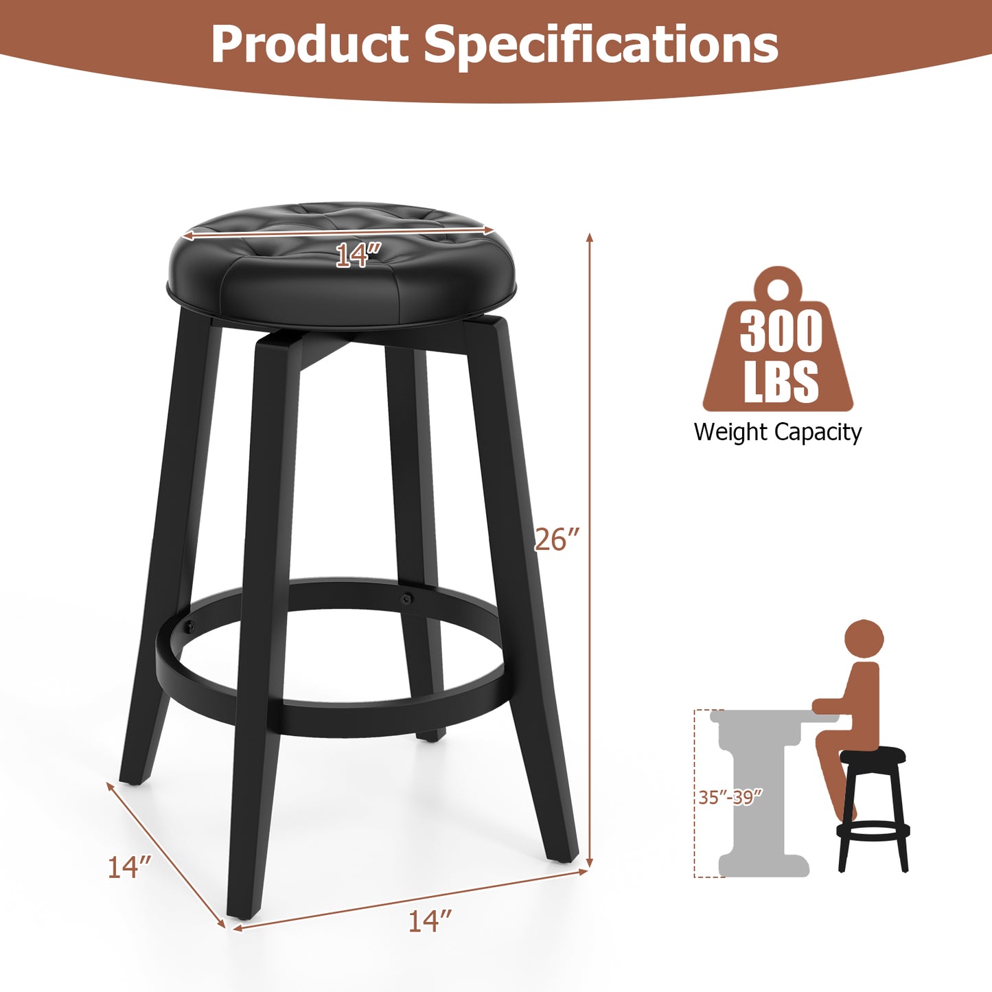 360¬∞ Swivel Upholstered Rubberwood Frame Bar Stool Set of 2 with Footrest-24 inches