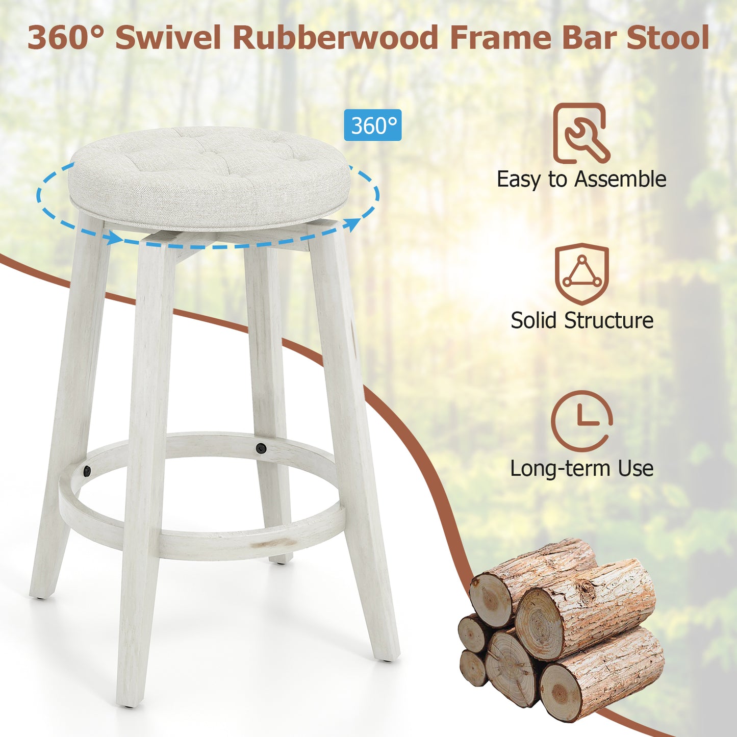 360-Degree Swivel Upholstered Rubberwood Frame Bar Stool Set of 2 with Footrest