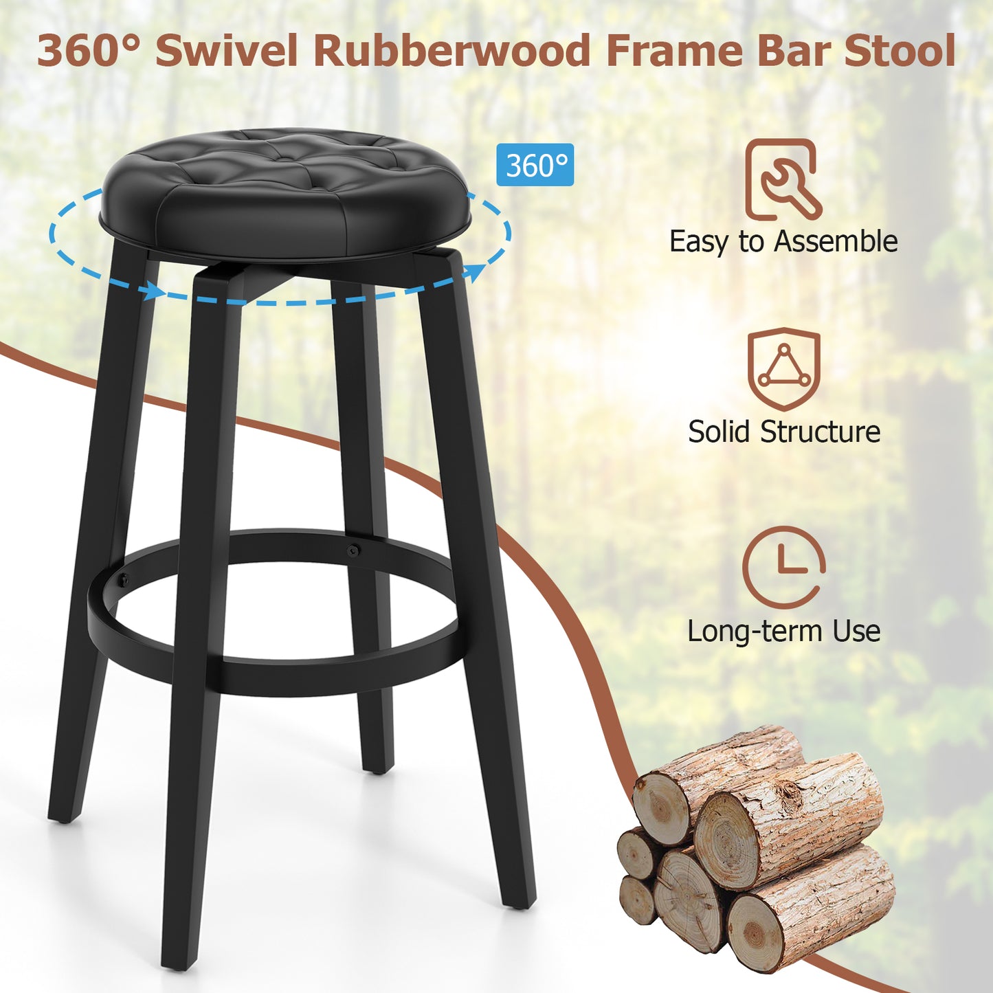 360¬∞ Swivel Upholstered Rubberwood Frame Bar Stool Set of 2 with Footrest-29 inches