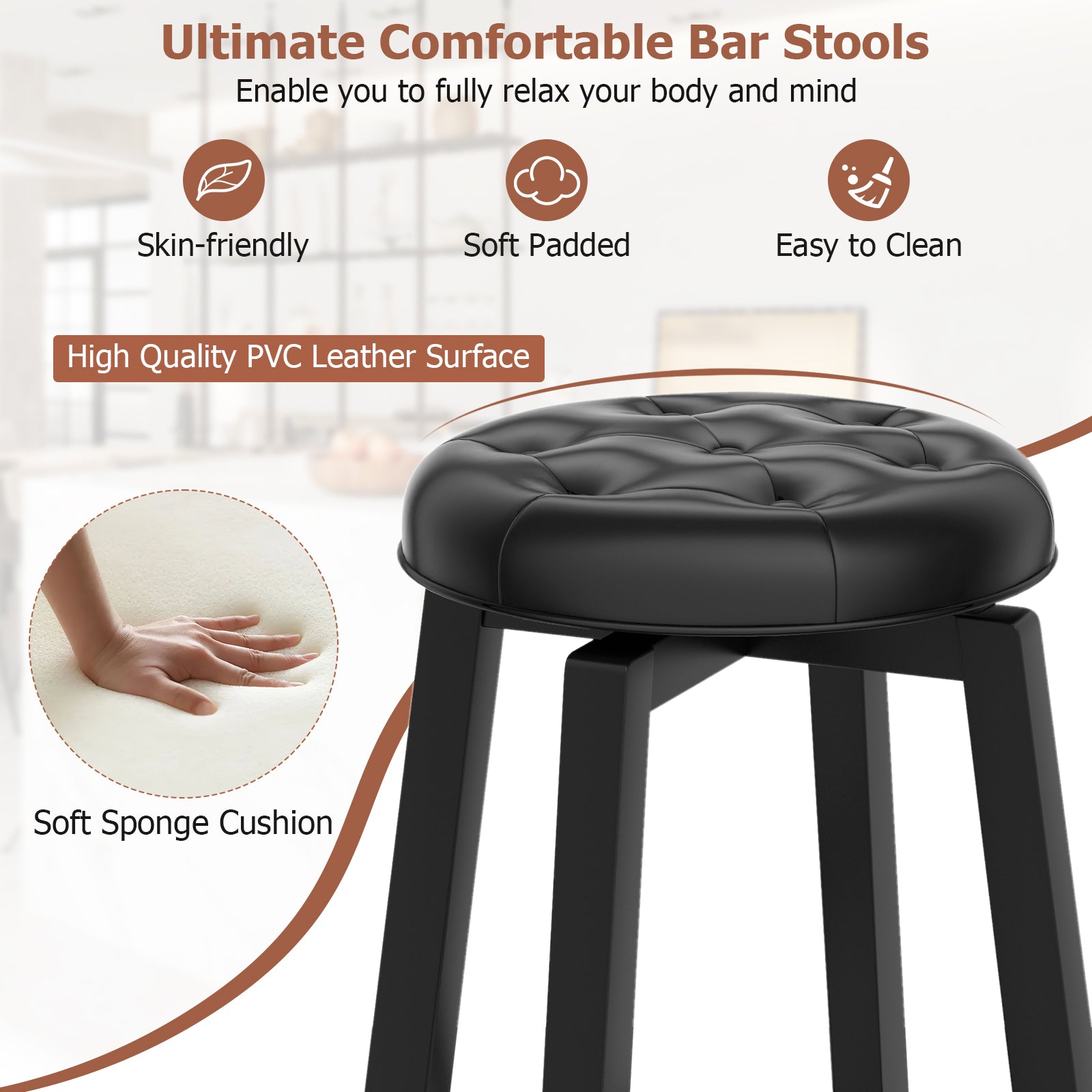 360¬∞ Swivel Upholstered Rubberwood Frame Bar Stool Set of 2 with Footrest-29 inches