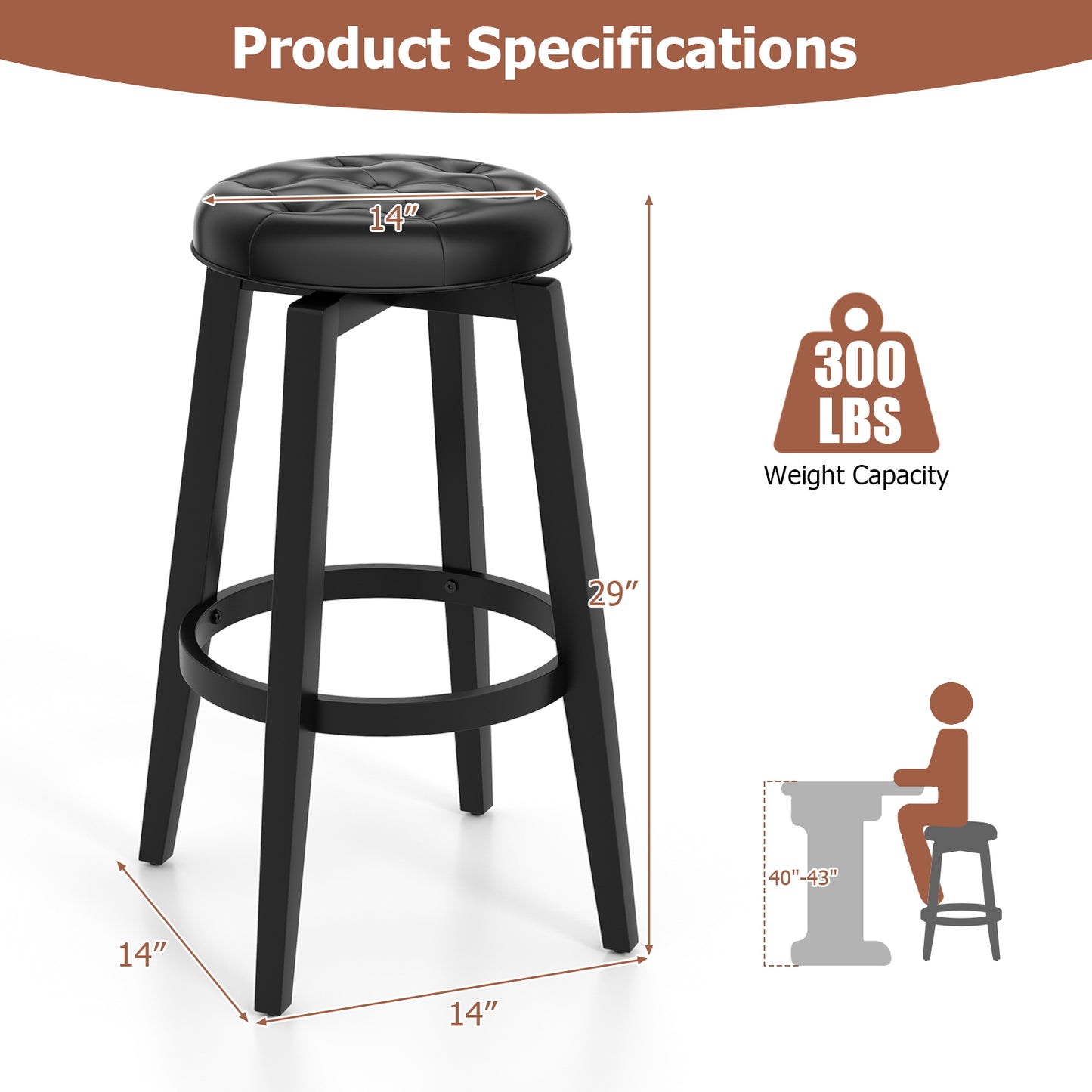 360¬∞ Swivel Upholstered Rubberwood Frame Bar Stool Set of 2 with Footrest-29 inches