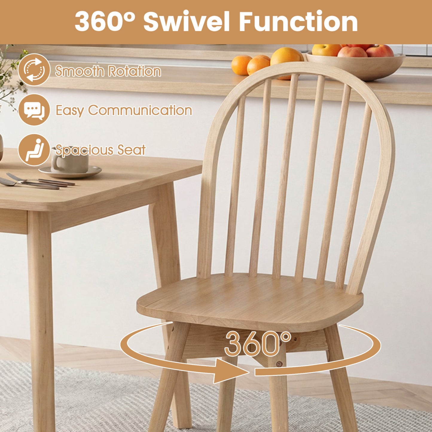 Swivel Windsor Dining Chairs Set of 4 with Solid Rubber Wood Frame