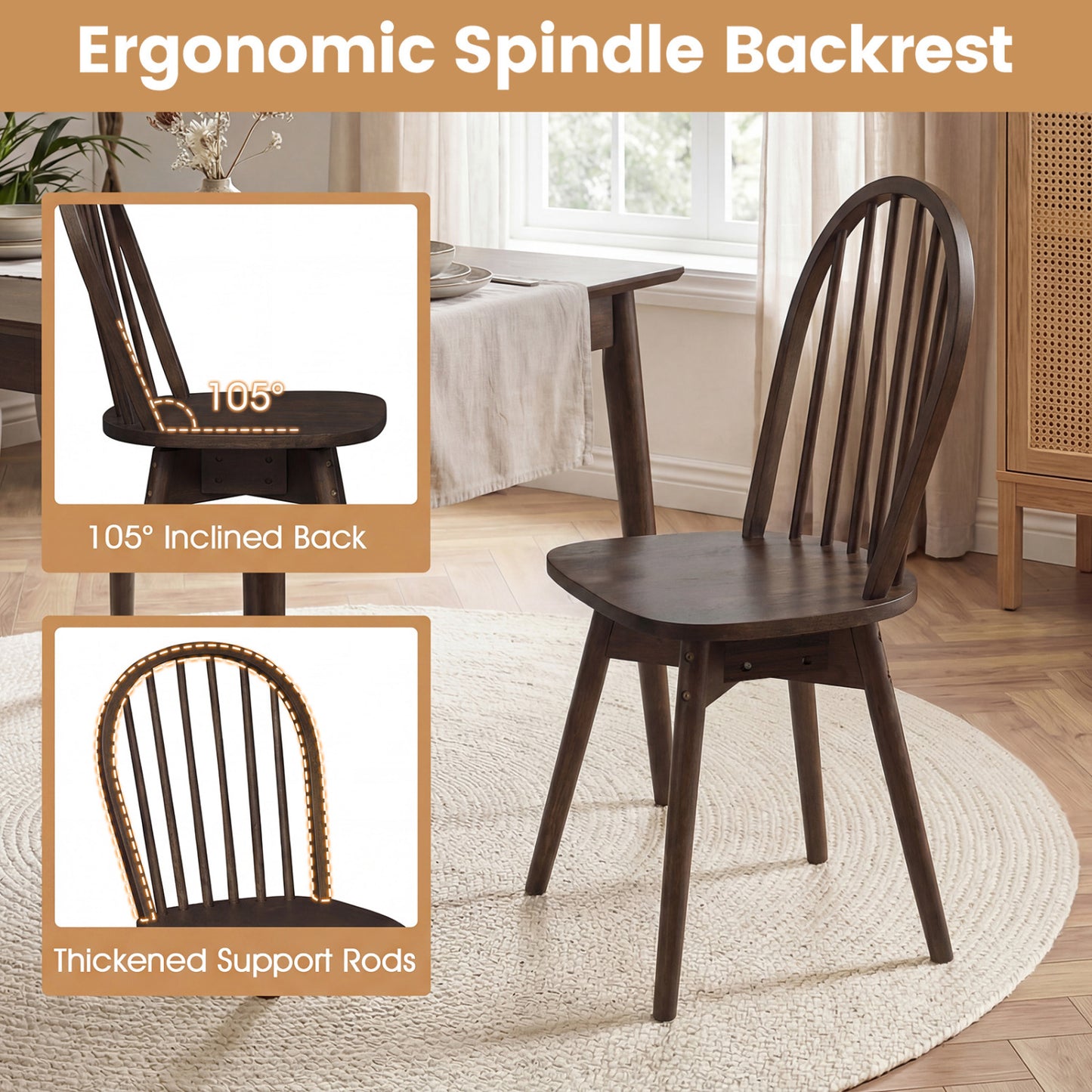 Swivel Windsor Dining Chairs Set of 4 with Solid Rubber Wood Frame