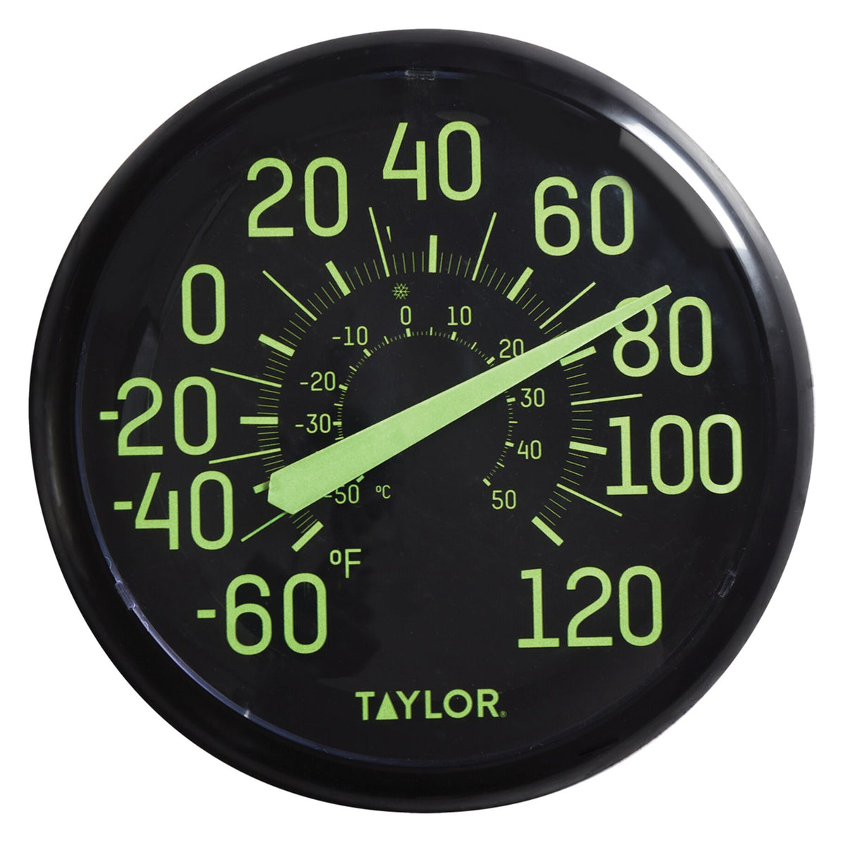 Taylor 13.25-In. Indoor/Outdoor Glow-in-the-Dark Dial Thermometer, Black