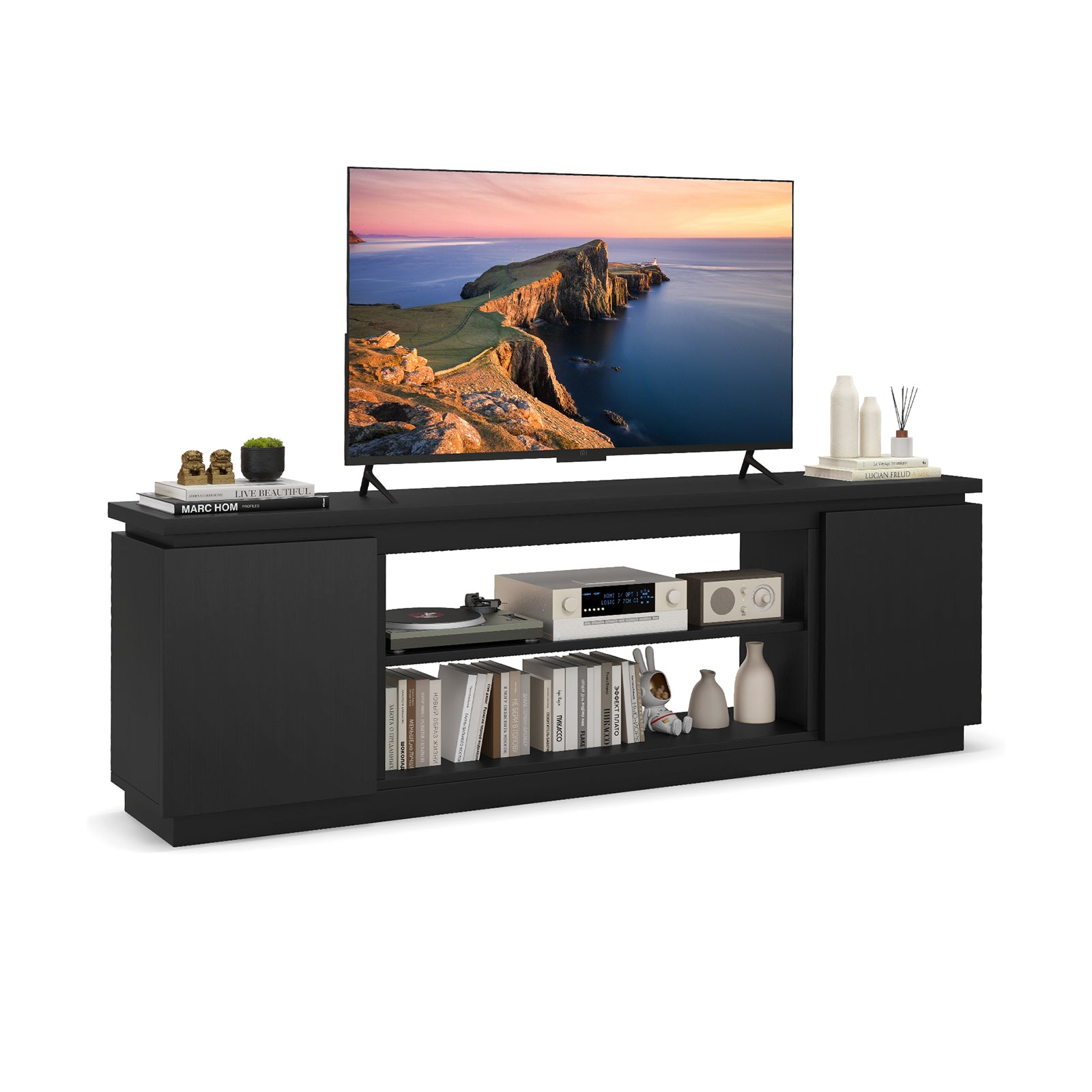 TV Cabinet with 3 Adjustable Shelves and Anti-Tipping Kits for TVs up to 80 Inch-Black - Black