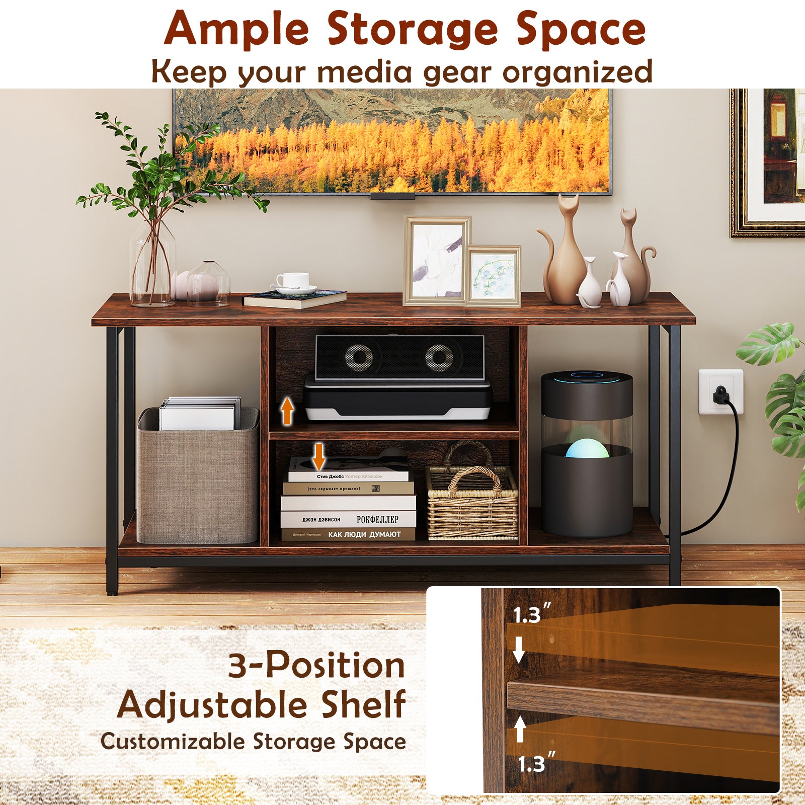 TV Stand Entertainment Center with Open Storage Shelves and Power Outlets to 50 Inches-Rustic Brown