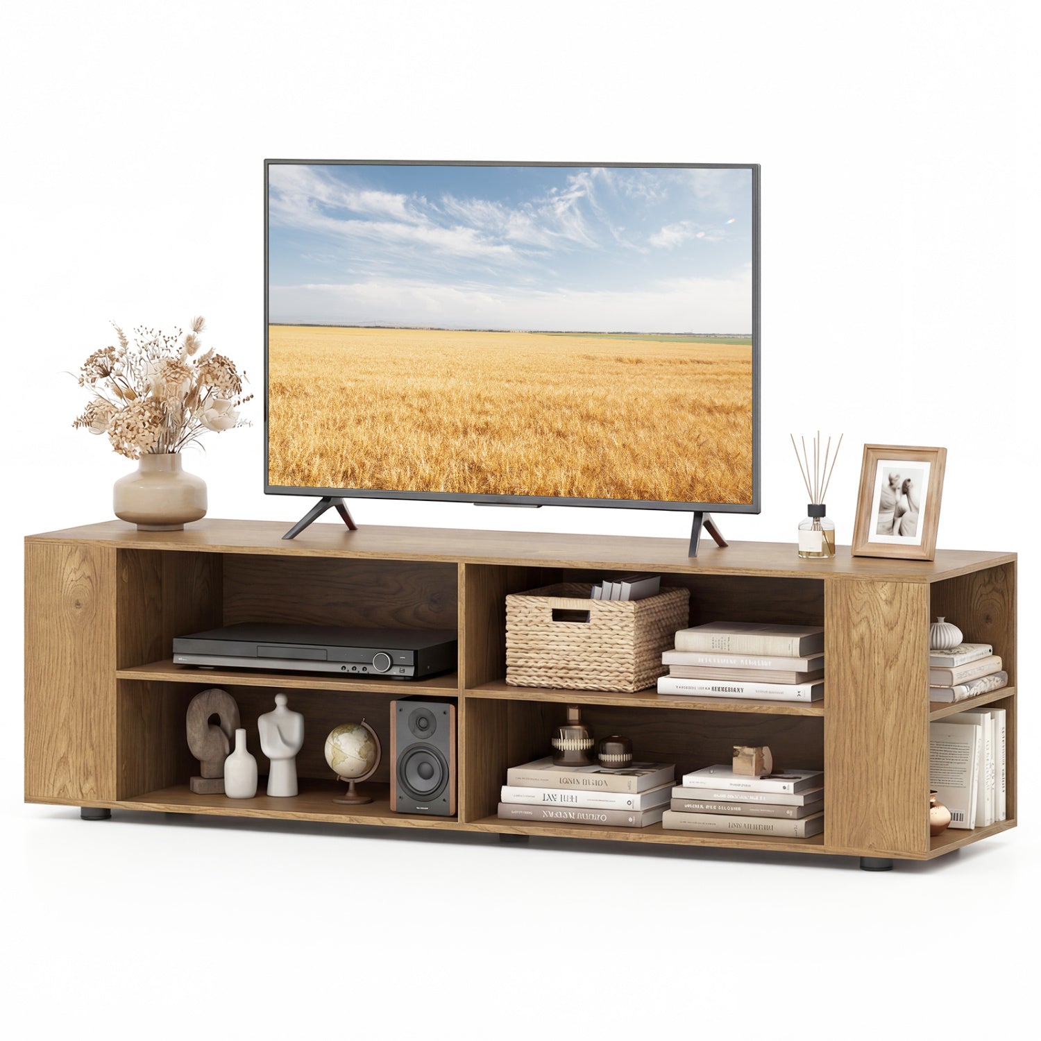 59 Inch Console Storage Entertainment Media Wood TV Stand-Oak - Natural