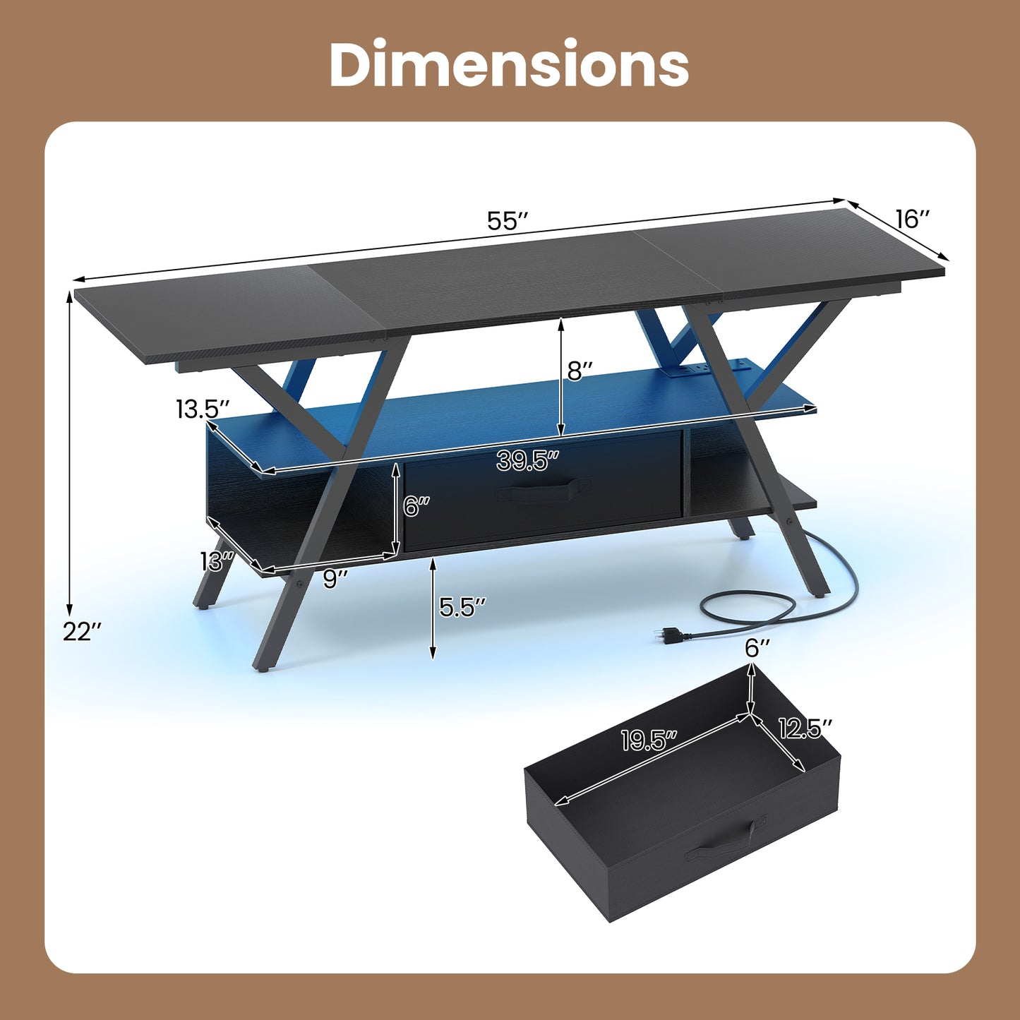 TV Stand for 65 Inch TVs with Power Outlets and LED Lights-Black