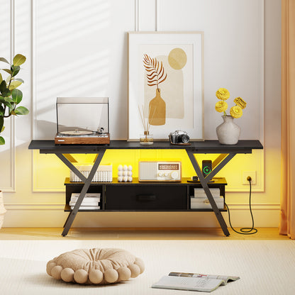 TV Stand for 65 Inch TVs with Power Outlets and LED Lights-Black