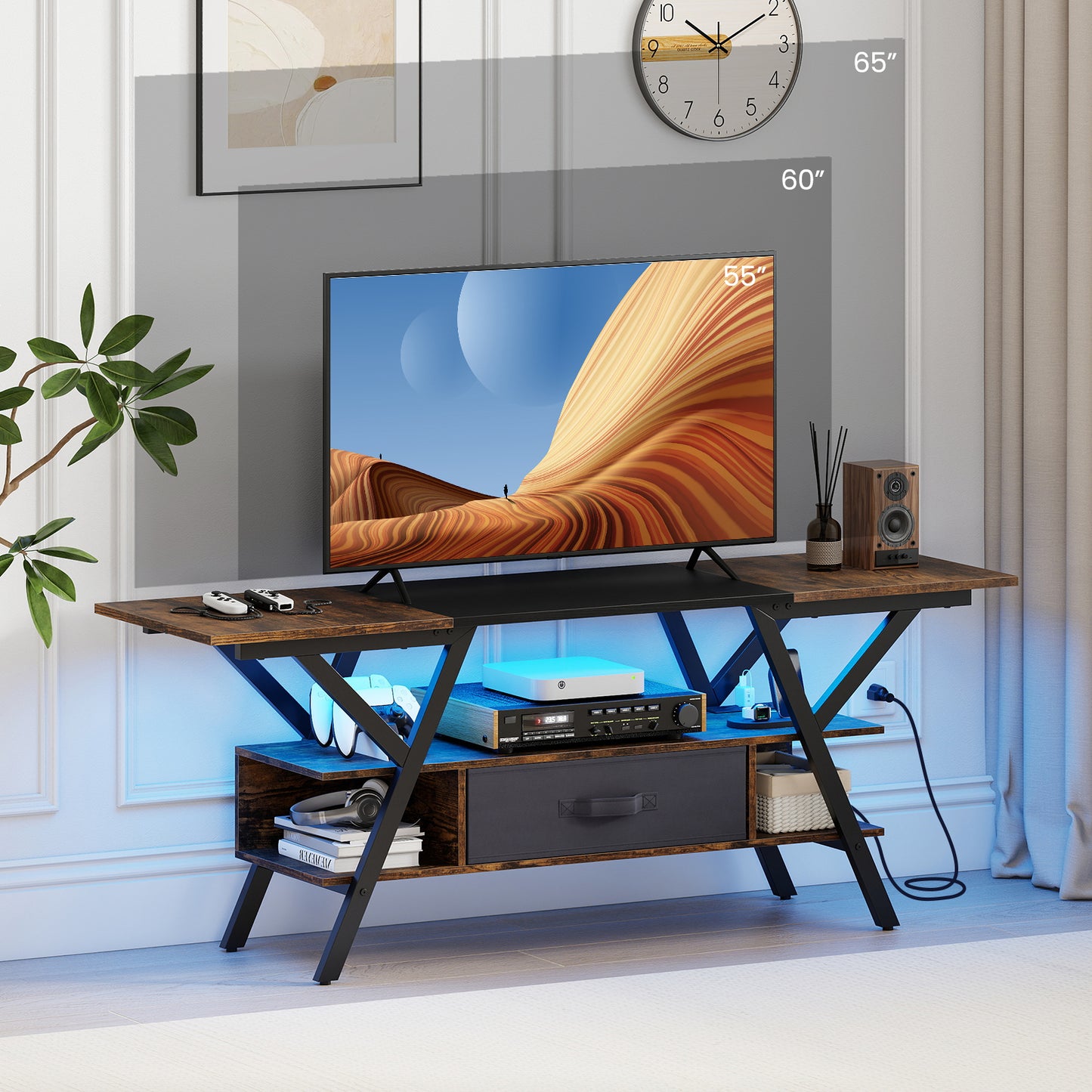 TV Stand for 65 Inch TVs with Power Outlets and LED Lights-Rustic Brown