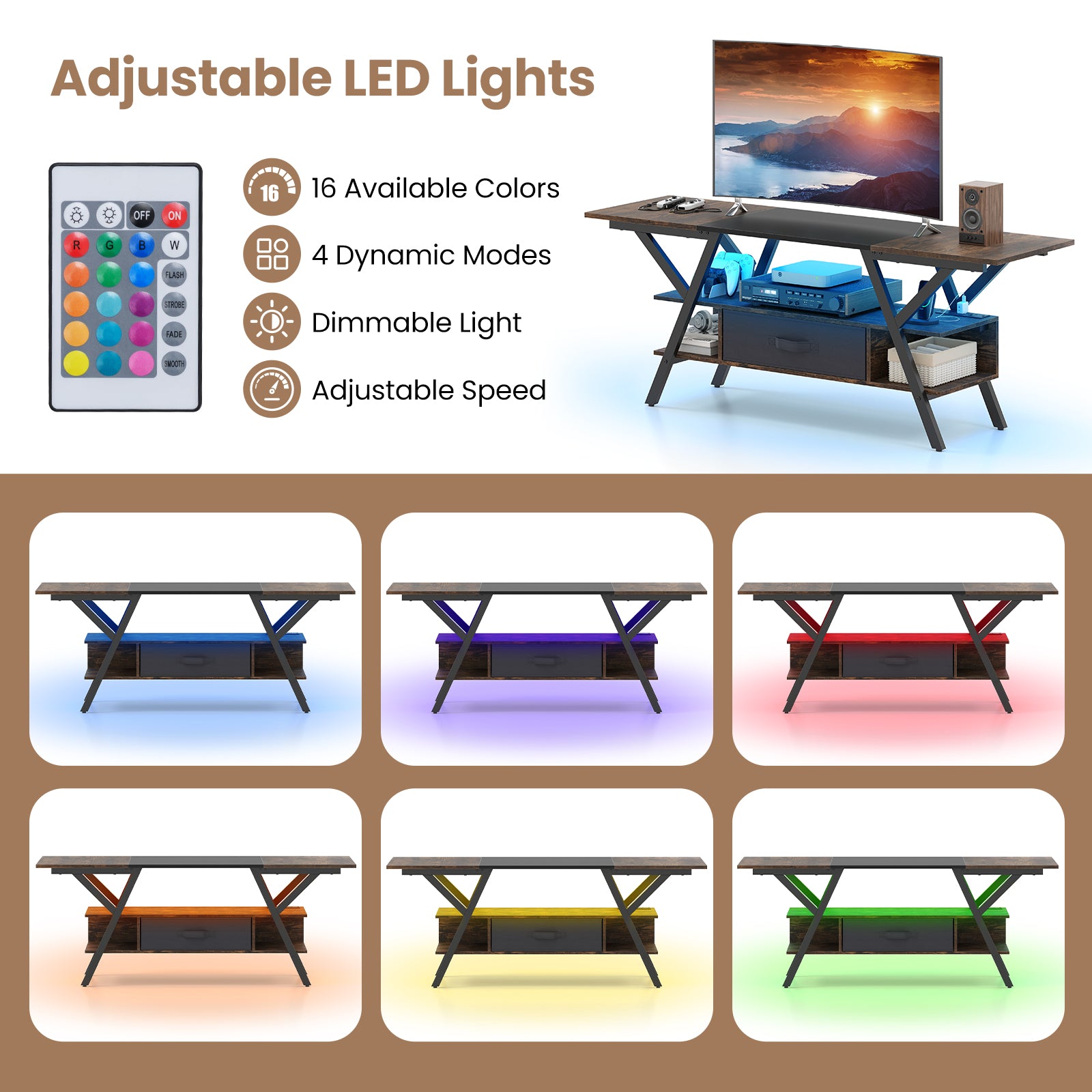TV Stand for 65 Inch TVs with Power Outlets and LED Lights-Rustic Brown