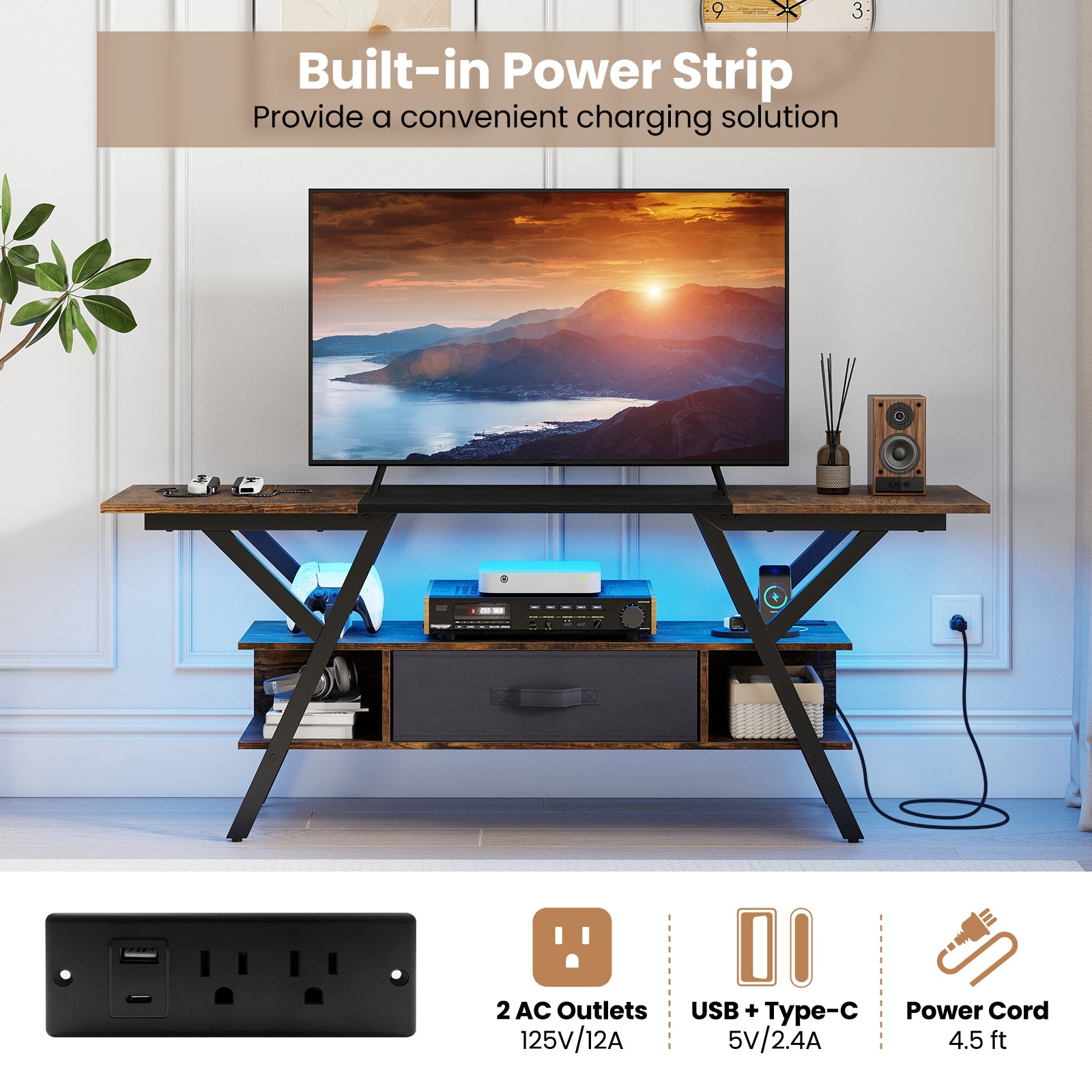 TV Stand for 65 Inch TVs with Power Outlets and LED Lights-Rustic Brown