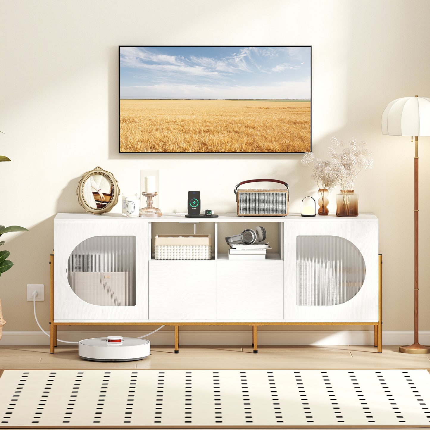 TV Stand for 70 Inch TV with Power Outlets Drawers and Open Shelves-White