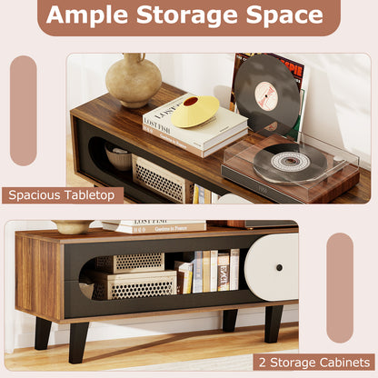 TV Stand for 80 Inch TVs Mid Century Modern Entertainment Center with Sliding Door Cabinet-Walnut