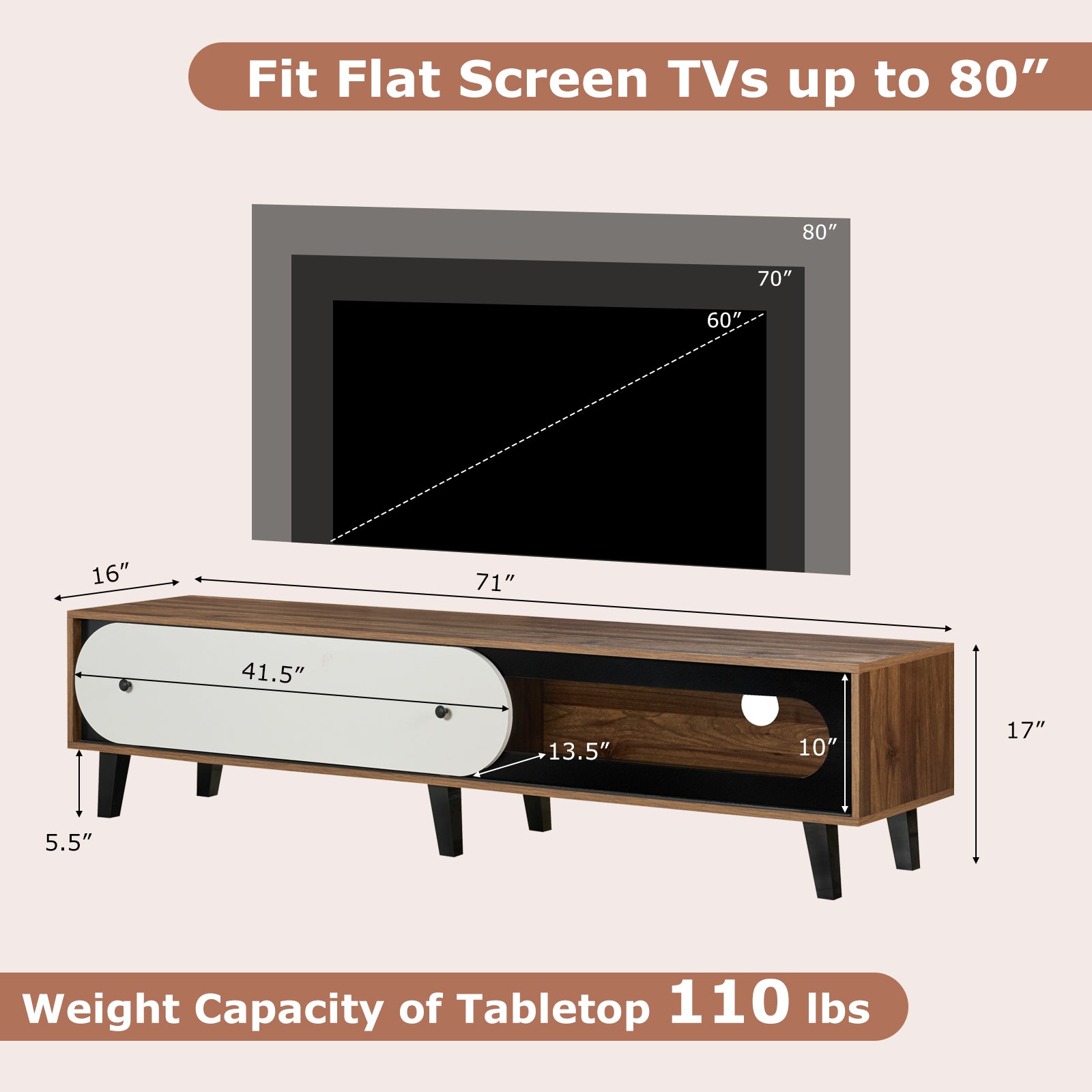 TV Stand for 80 Inch TVs Mid Century Modern Entertainment Center with Sliding Door Cabinet-Walnut