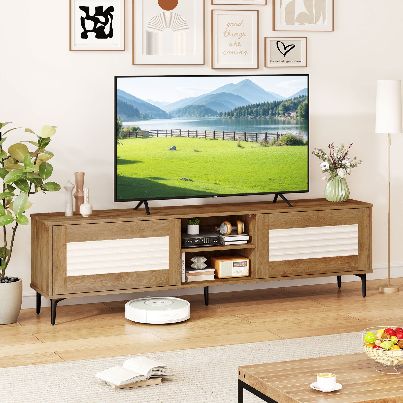 TV Stand for TVs up to 70 Inch Waveform Fluted Entertainment Center-Oak