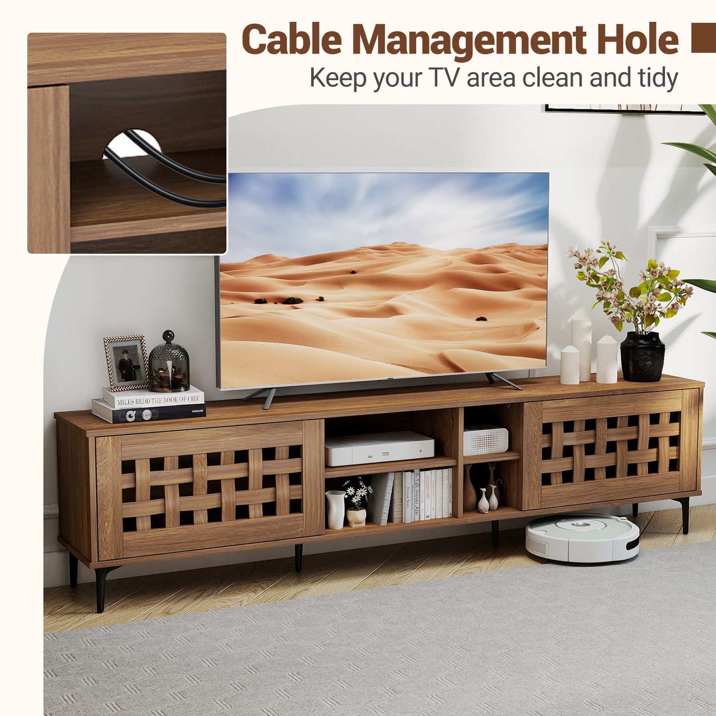 TV Stand for TVs up to 80" with 2 Doors and Storage Cabinets-Walnut