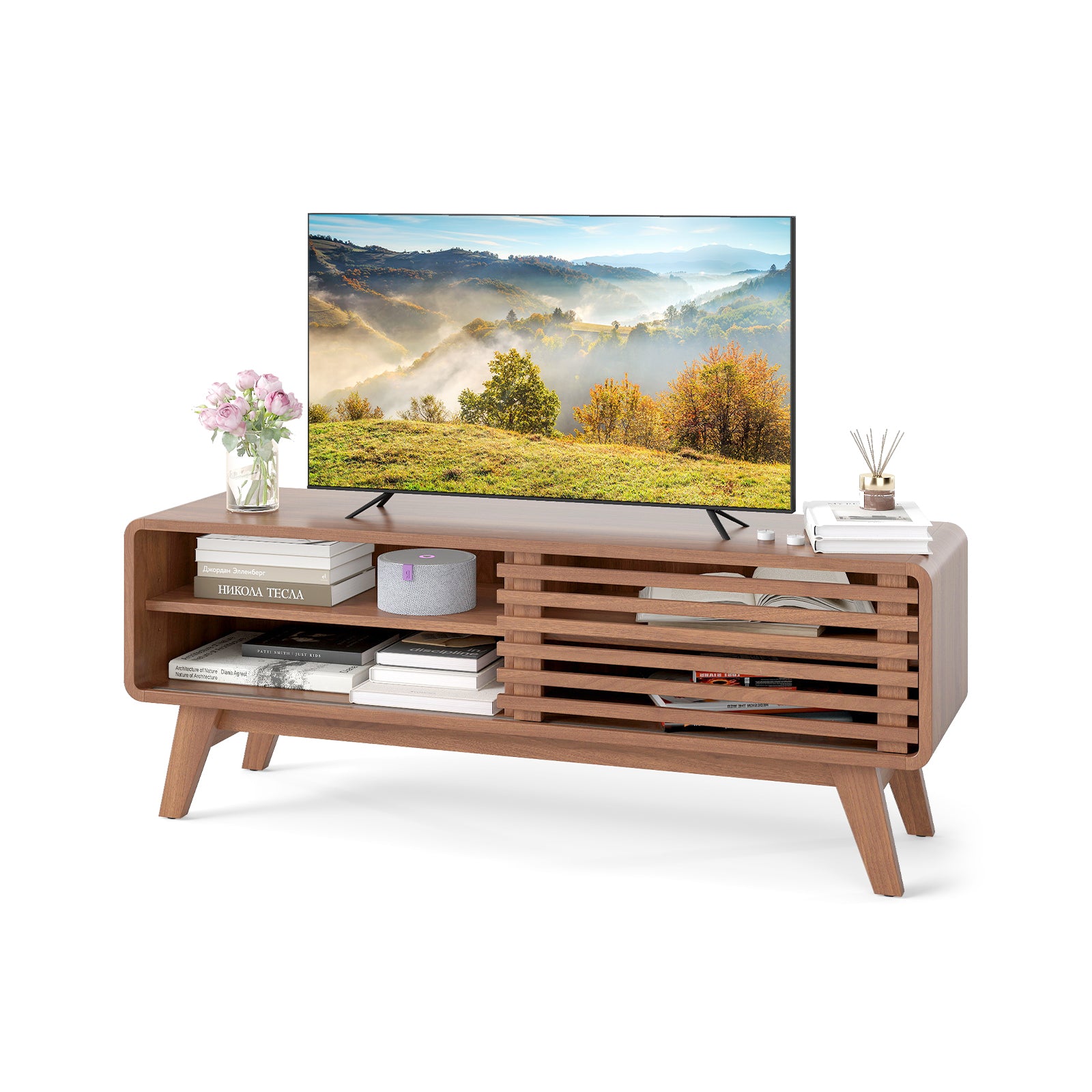TV Stand for TVs up to 55" with Sliding Door and Adjustable Shelves for Living Room-Brown
