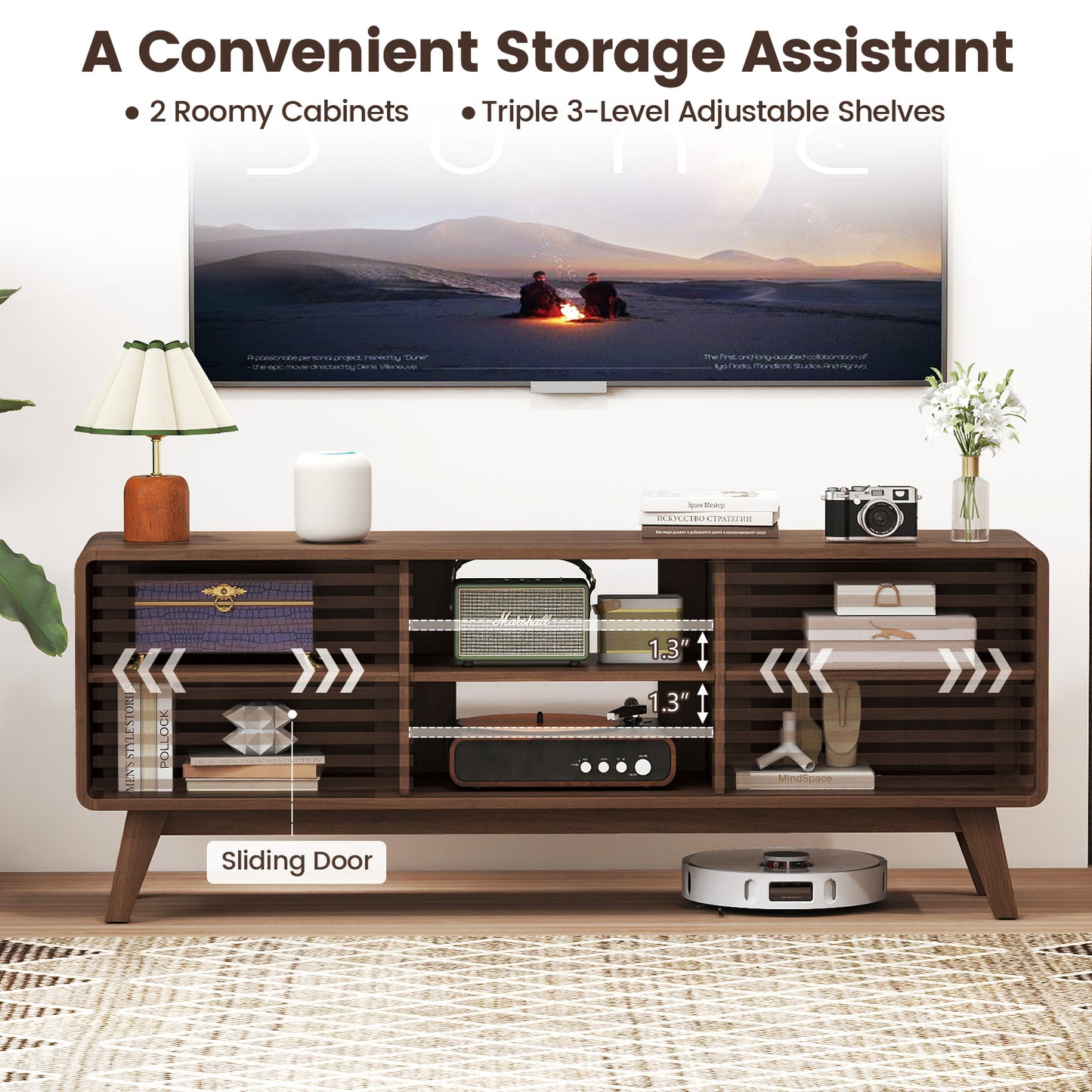 TV Stand for TVs up to 65" with Sliding Doors and Adjustable Shelves for Living Room-Walnut