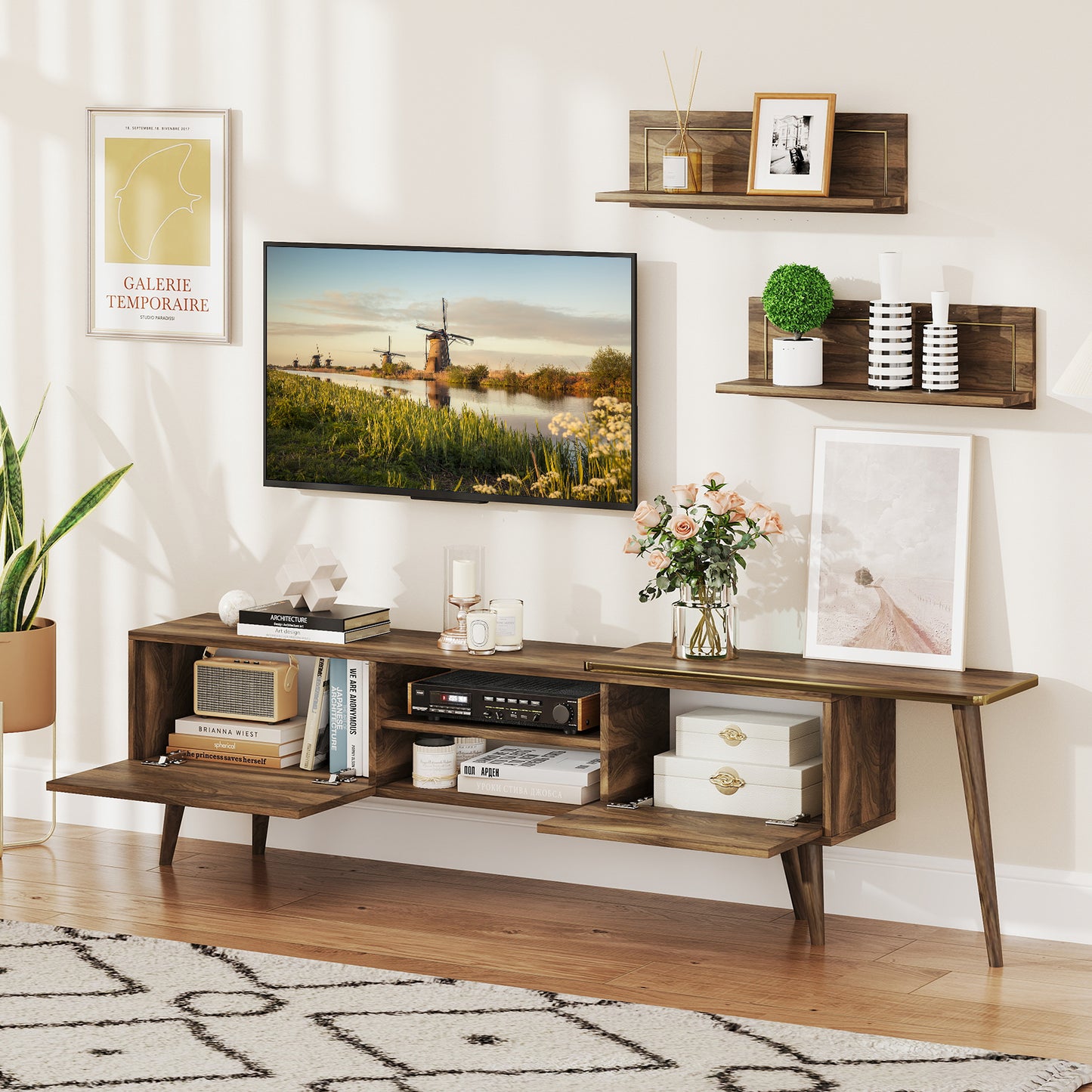 Mid-century Modern TV Stand for TVs up to 85 Inch with Open Compartments-Walnut