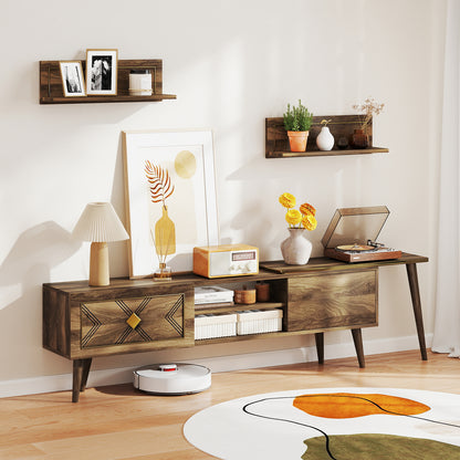 Mid-century Modern TV Stand for TVs up to 85 Inch with Open Compartments-Walnut