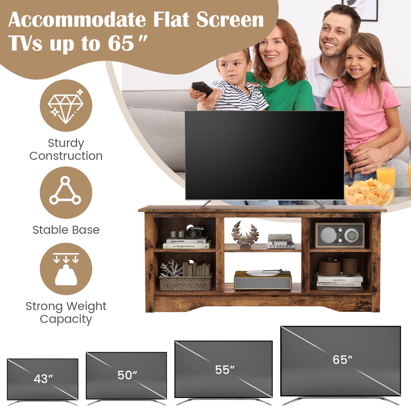 TV Stand for up to 65 Inch Flat Screen TVs with Adjustable Shelves for 18 Inch Electric Fireplace (Not Included)-Rustic Brown