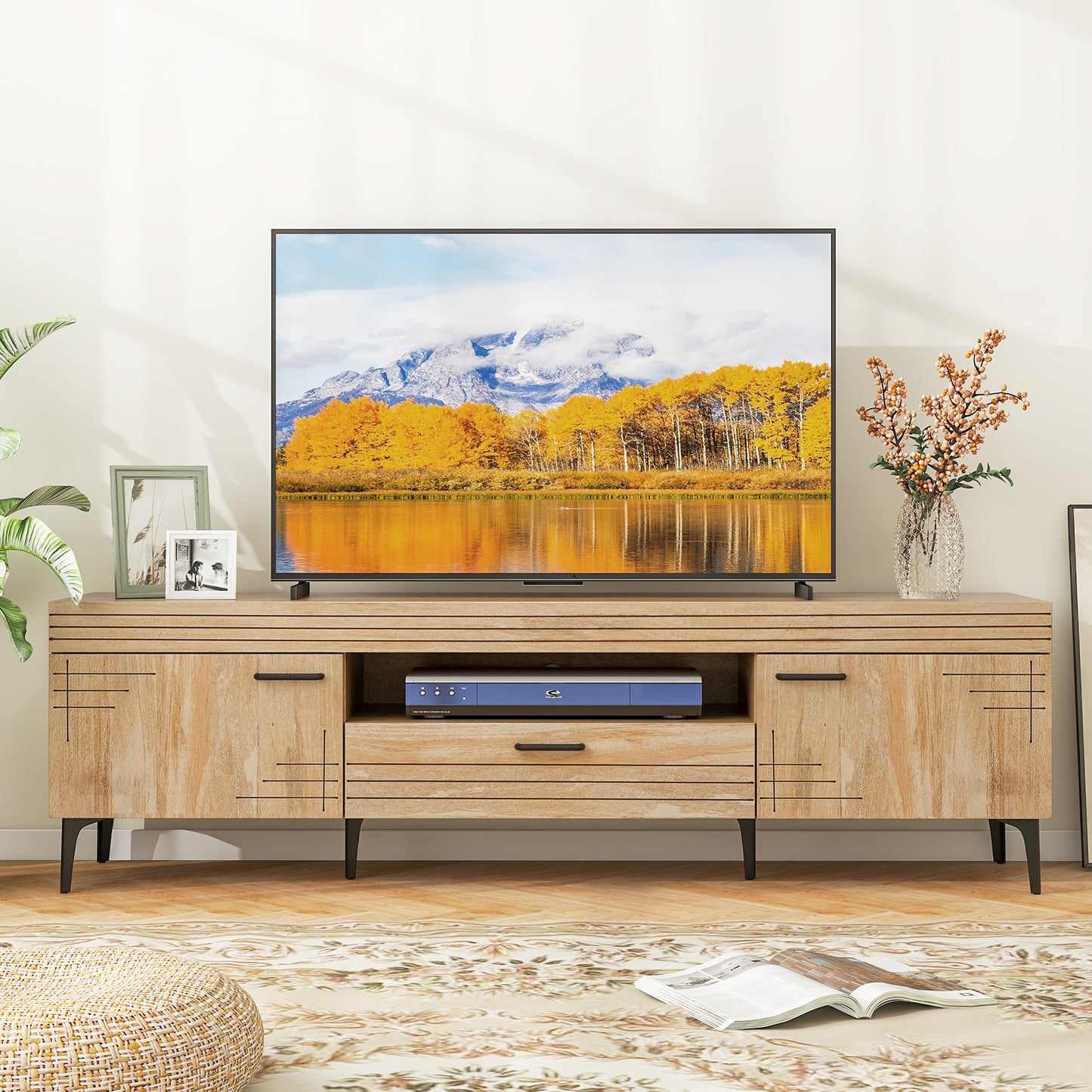 TV Stand with 2 Cabinets and Storage Drawer for 65 Inches TVs-Oak