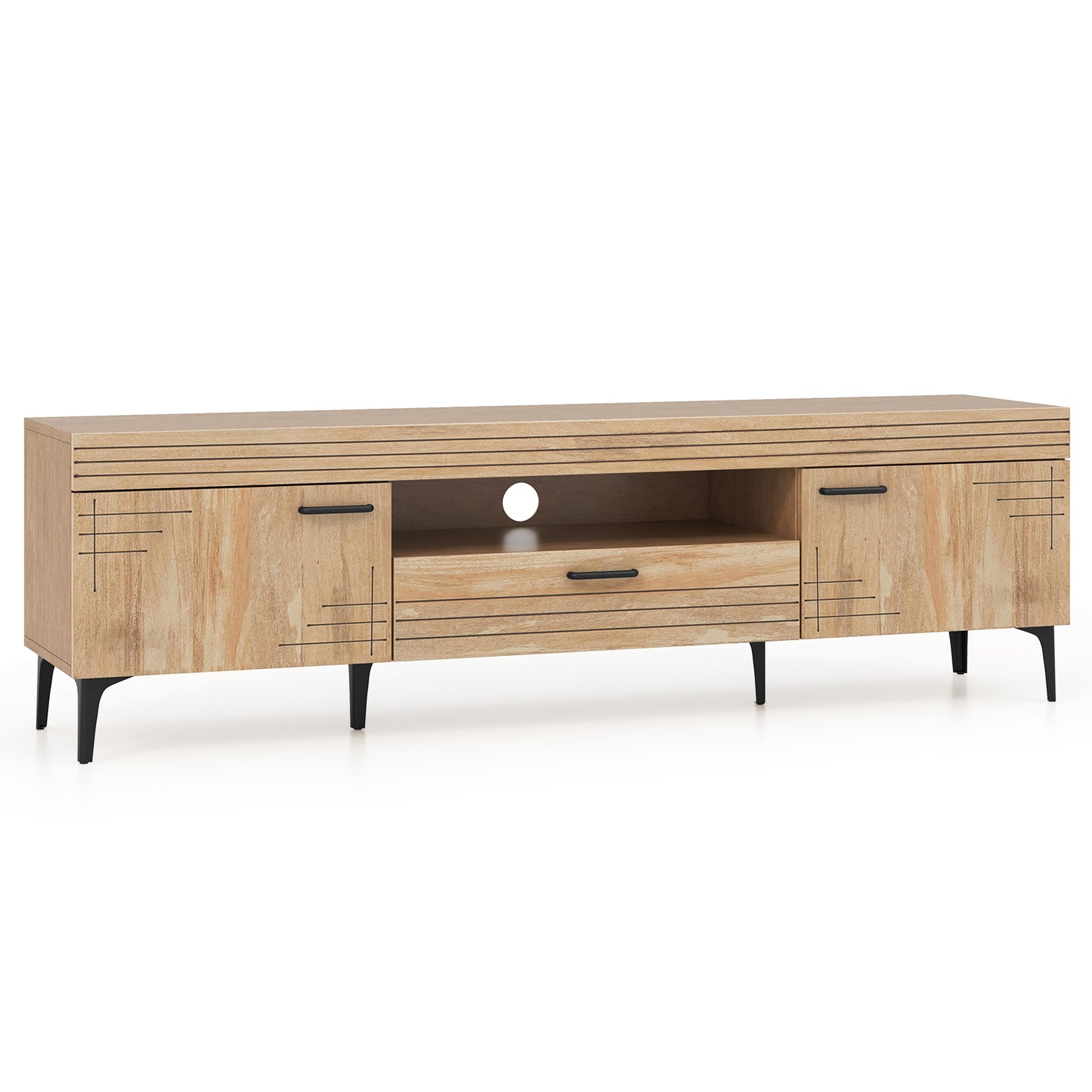 TV Stand with 2 Cabinets and Storage Drawer for 65 Inches TVs-Oak