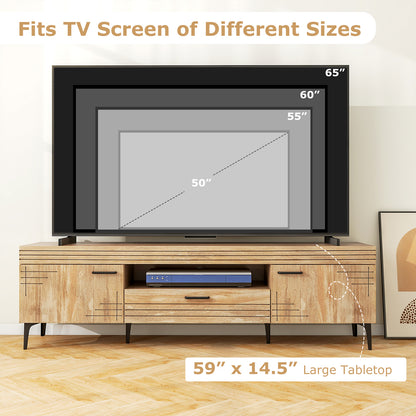 TV Stand with 2 Cabinets and Storage Drawer for 65 Inches TVs-Oak