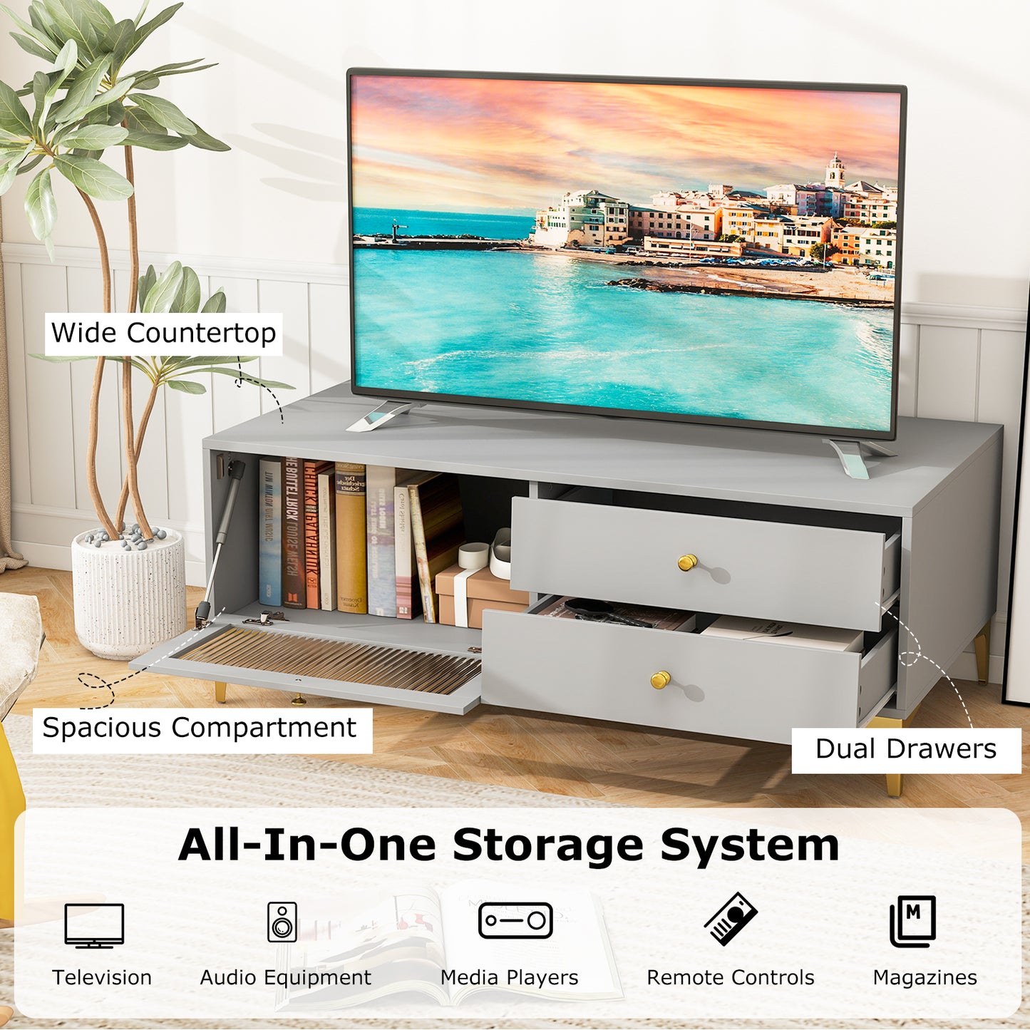 TV Stand with Compartment and Drawers for 55 Inch TV-Gray