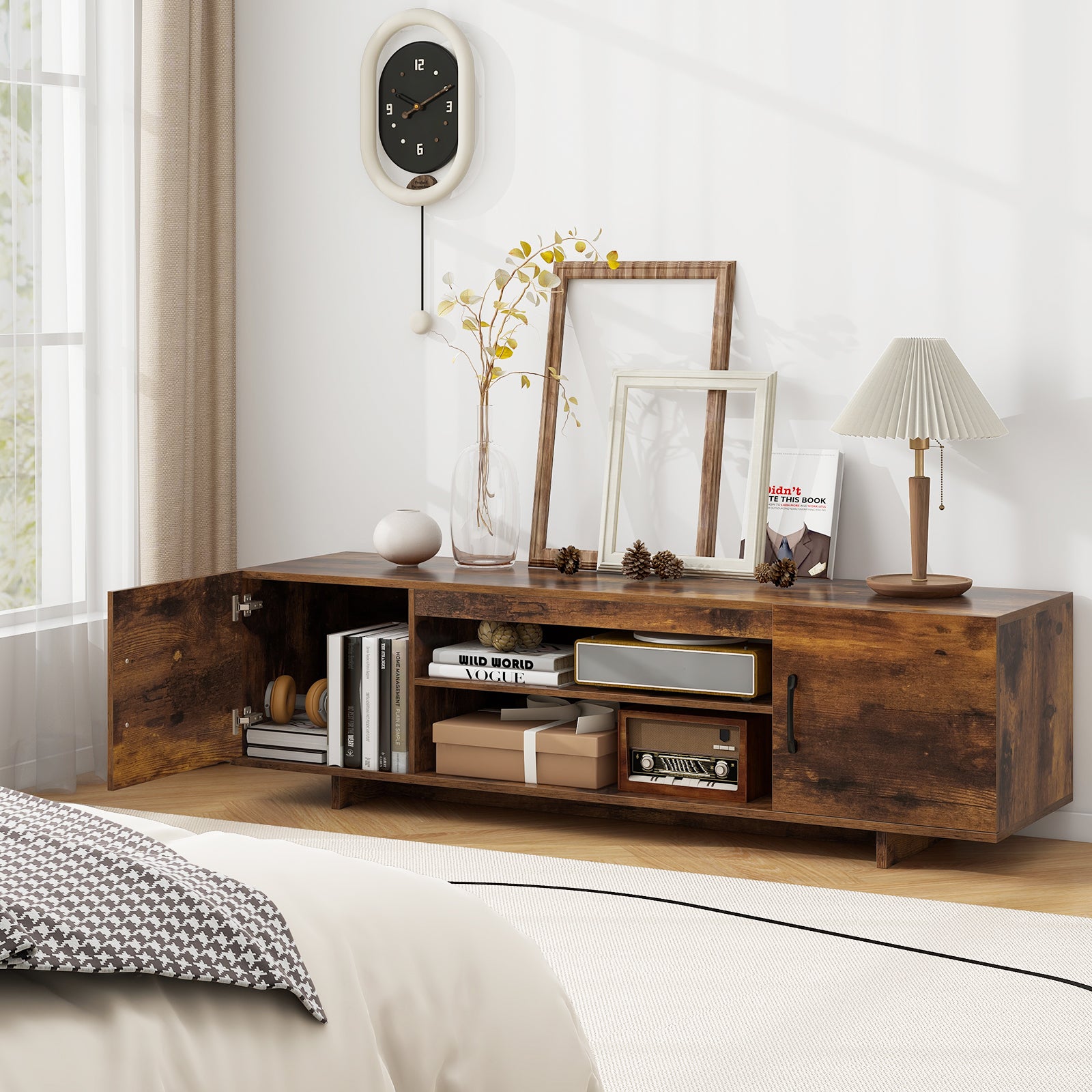 TV Stand with Power Outlet and 2 Cable Holes for 65 Inch TVs-Rustic Brown