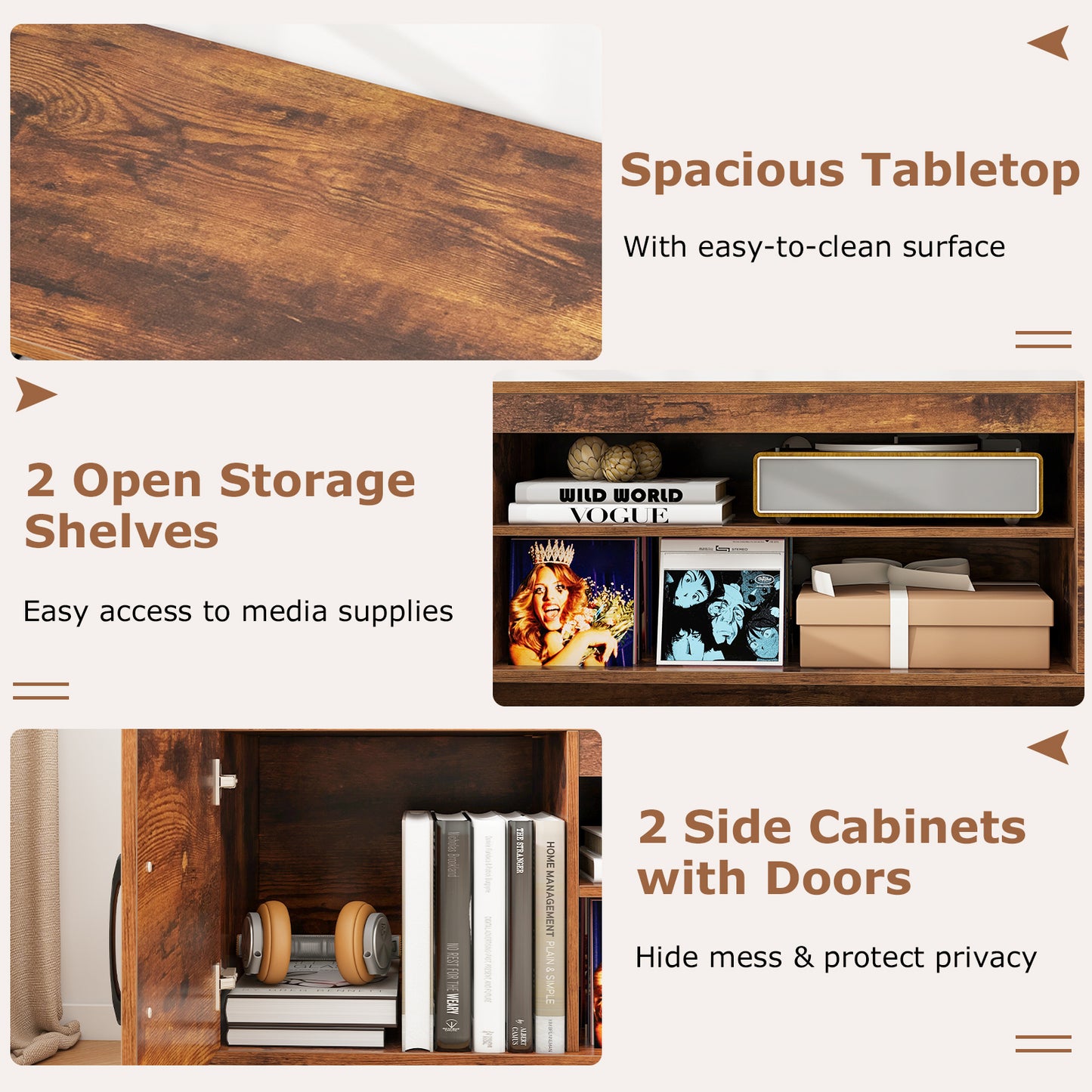 TV Stand with Power Outlet and 2 Cable Holes for 65 Inch TVs-Rustic Brown
