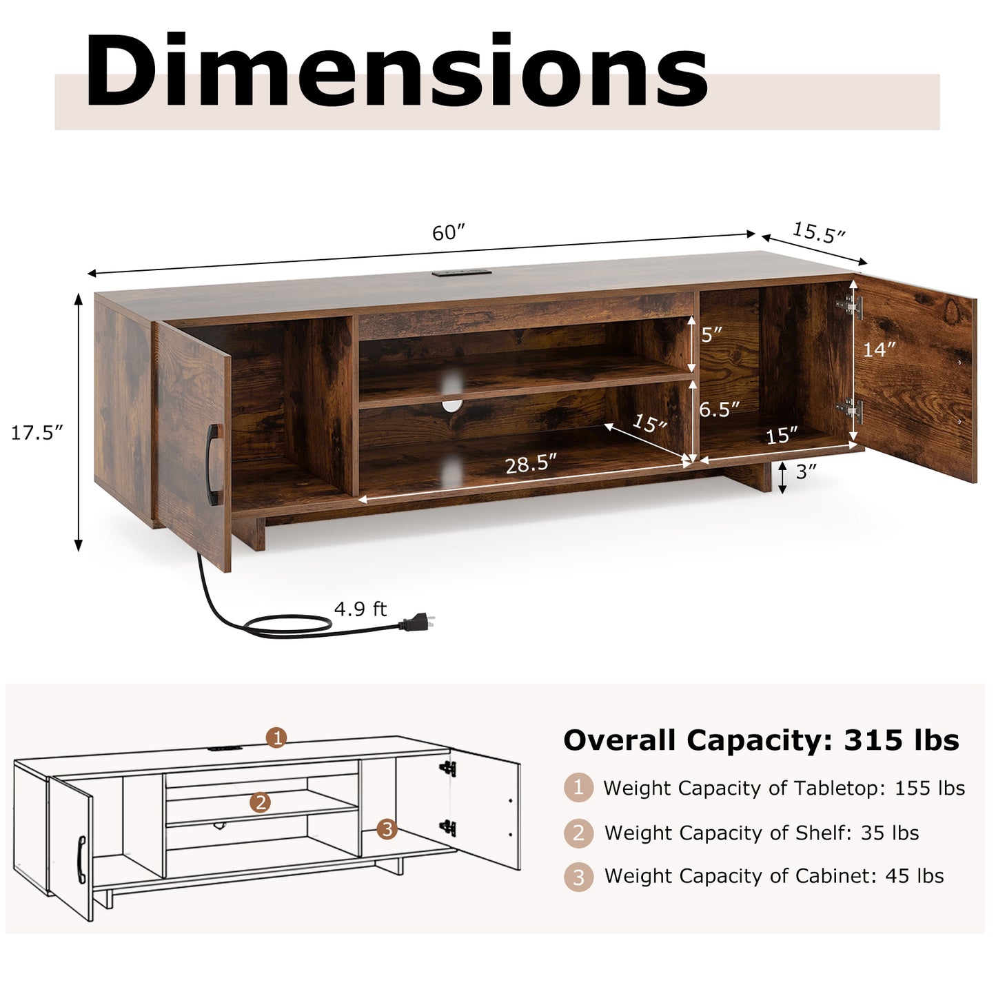 TV Stand with Power Outlet and 2 Cable Holes for 65 Inch TVs-Rustic Brown