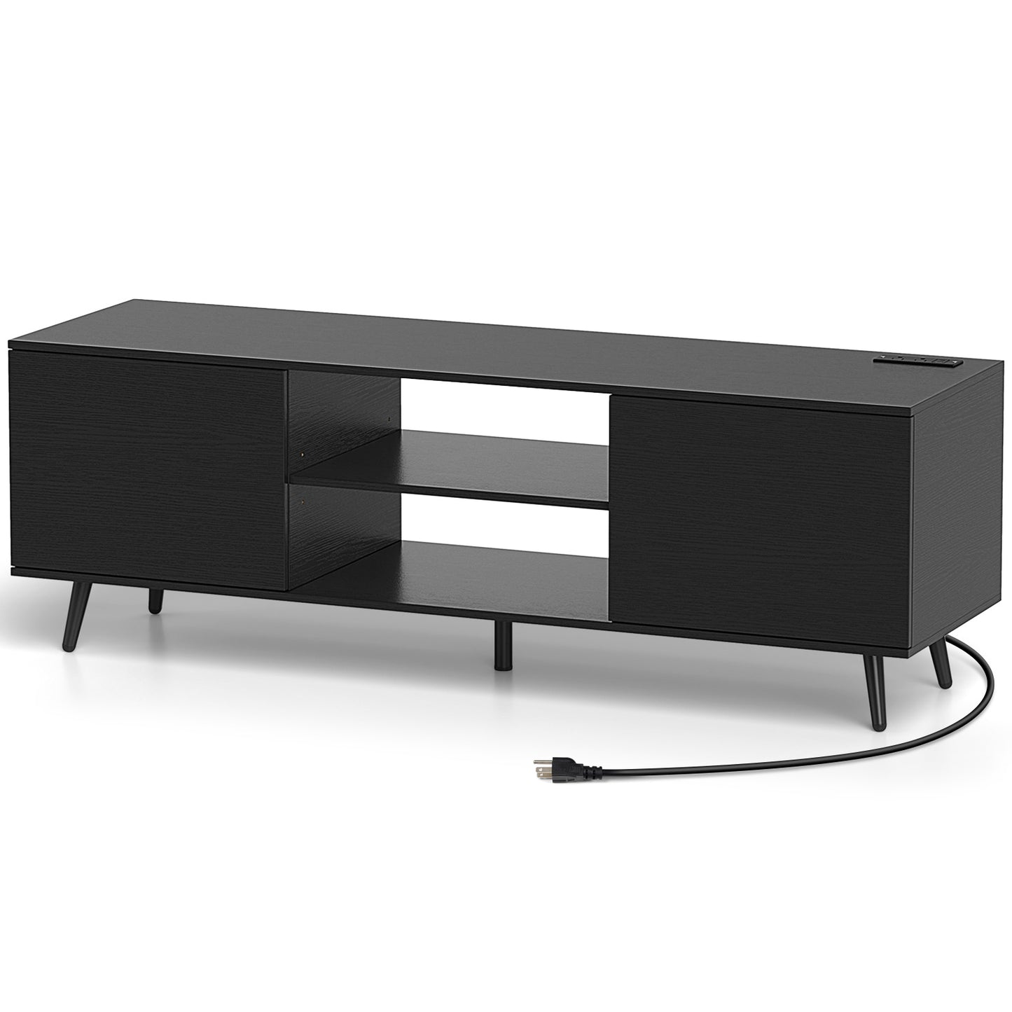 TV Stand with Power Outlets and Adjustable Shelf for 60 Inch TVs-Black - Black