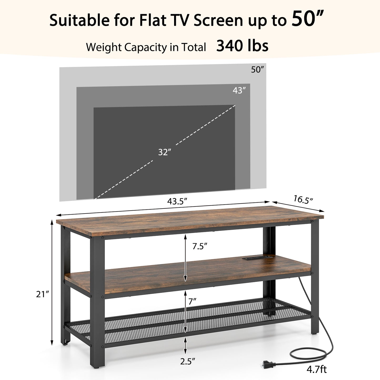 Industrial TV Stand up to 50 Inches with Power Outlets and USB Ports-Rustic Brown