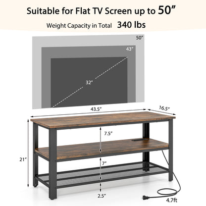 Industrial TV Stand up to 50 Inches with Power Outlets and USB Ports-Rustic Brown
