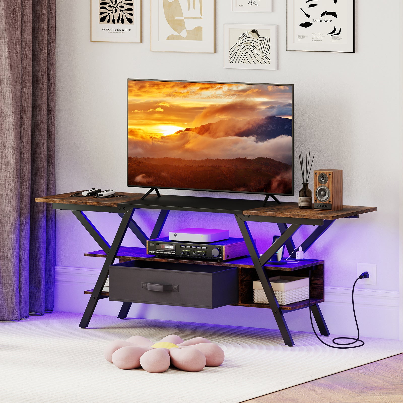 TV Stand for 65 Inch TVs with Power Outlets and LED Lights-Rustic Brown