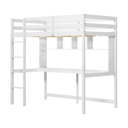 Twin Loft Bed with Desk and Shelves - White