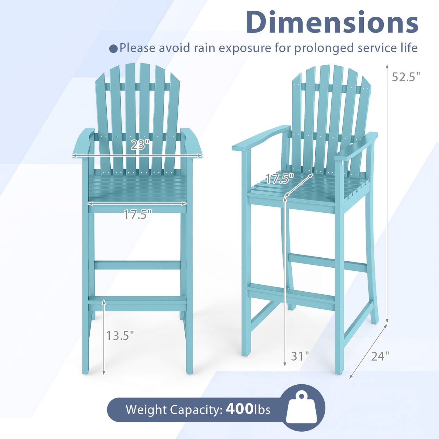 Tall Adirondack Chair with Armrests and Footrest for Deck-Turquoise