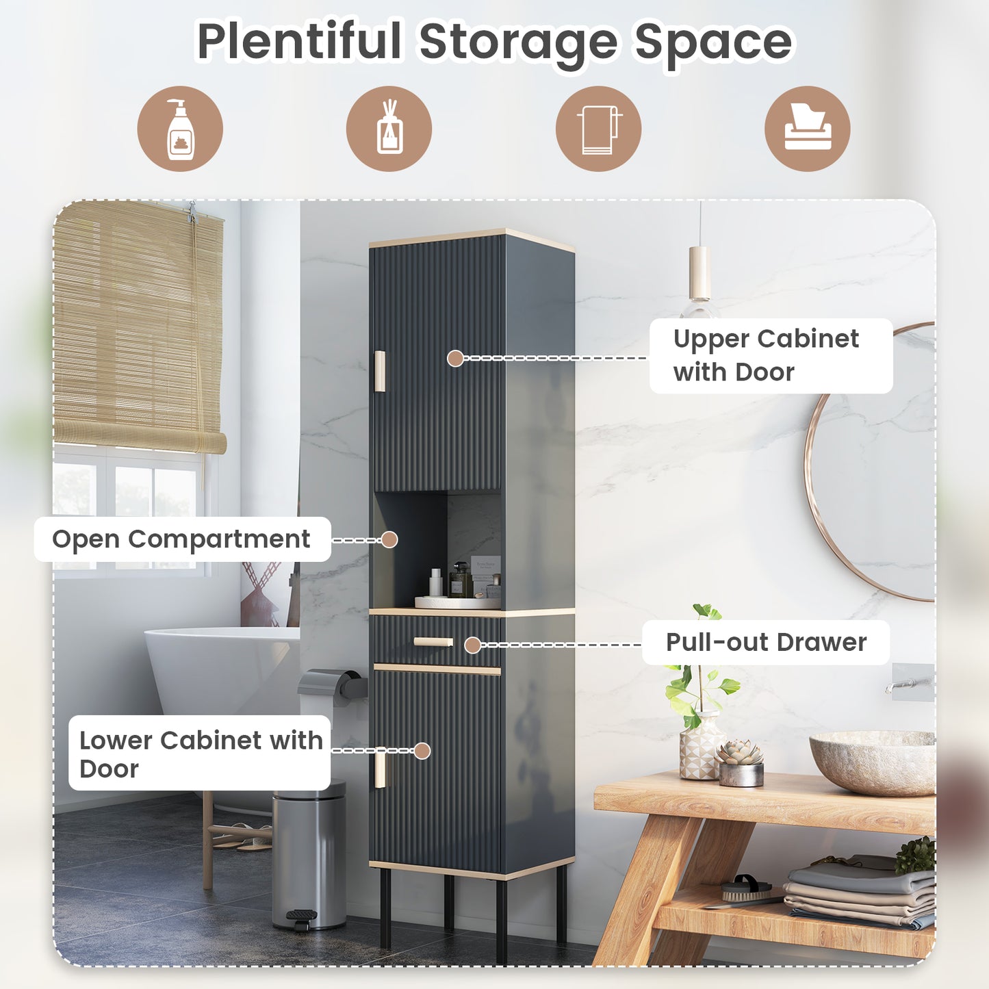 Free-Standing Bathroom Cabinet Narrow Linen with Doors and Drawer-Gray