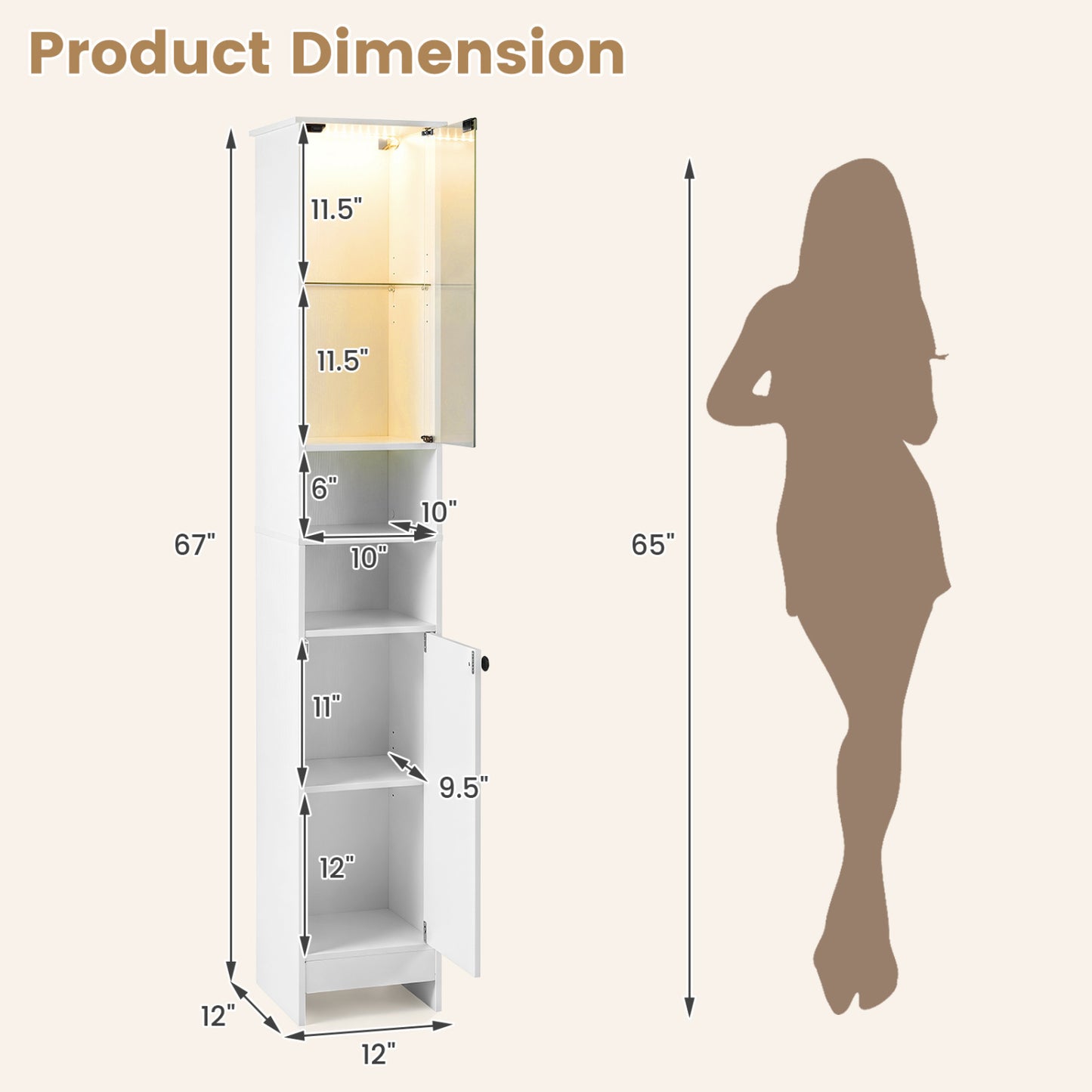 Tall Bathroom Storage Cabinet with LED Lights and Adjustable Shelves