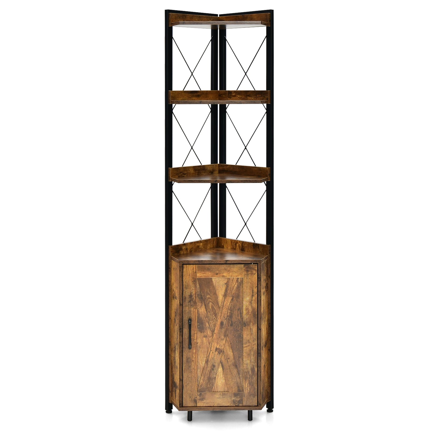 Tall Corner Storage Cabinet with 3-Tier Shelf and Enclosed Cabinet-Rustic Brown