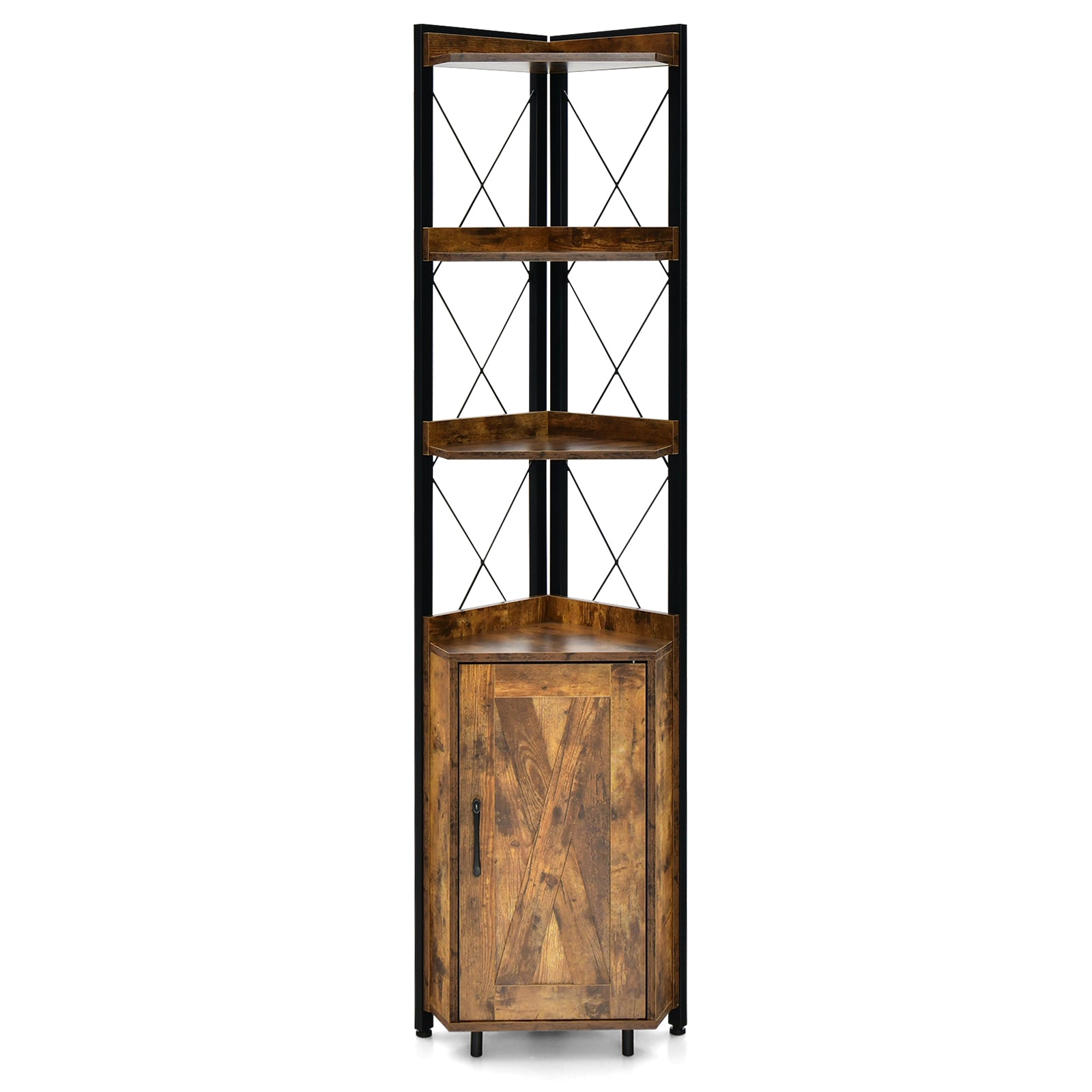 Tall Corner Storage Cabinet with 3-Tier Shelf and Enclosed Cabinet-Rustic Brown