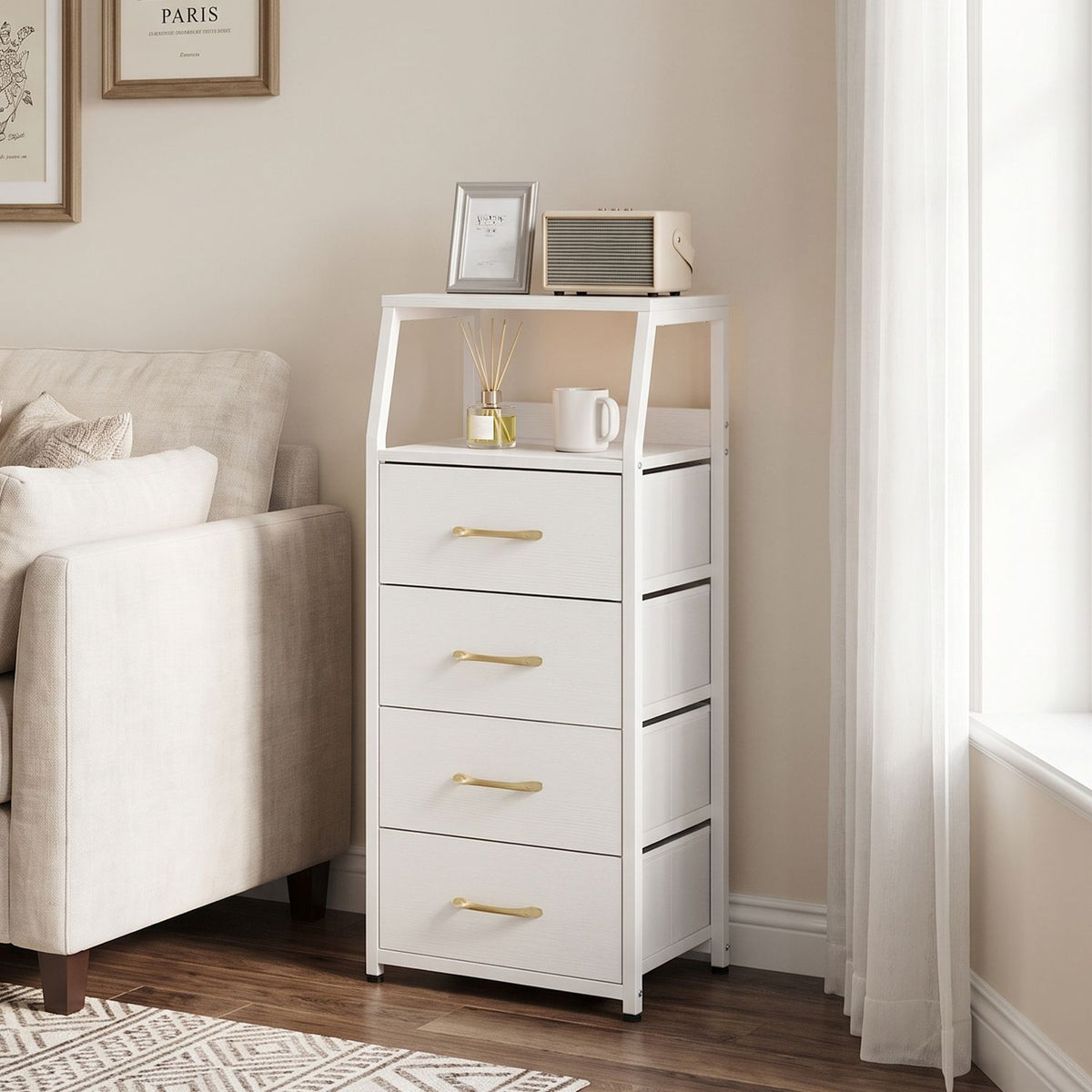 Tall Dresser with 4 Fabric Drawers and Metal Frame for Bedroom