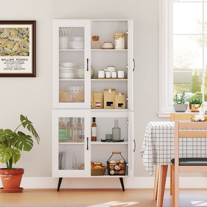70.5 inch Tall Kitchen Pantry Cabinet Cupboard with 4 Transparent Doors-White
