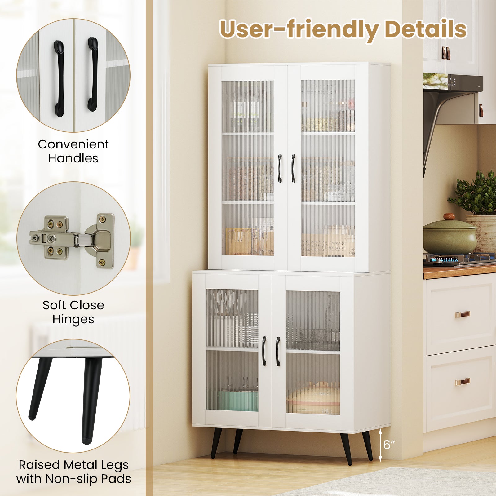 70.5 inch Tall Kitchen Pantry Cabinet Cupboard with 4 Transparent Doors-White