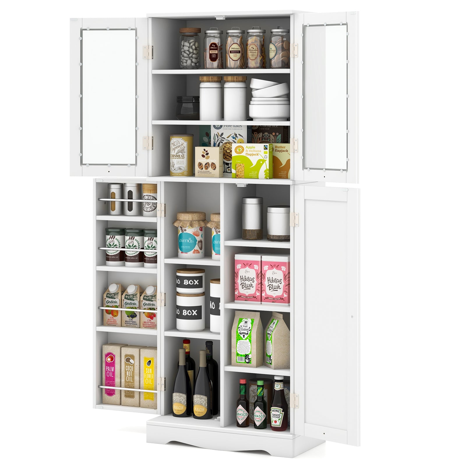 Tall Kitchen Pantry Cabinet with Dual Tempered Glass Doors and Shelves-White - White