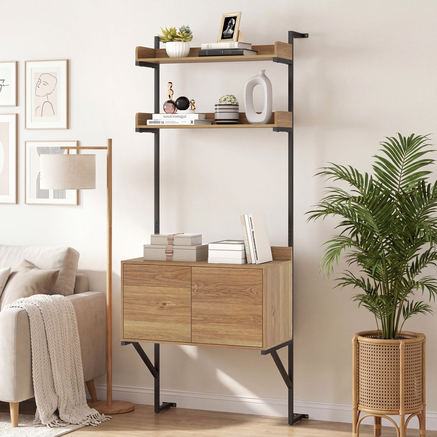 Tall Ladder Shelf with Storage Cabinet Narrow Wall Mounted Ladder Bookcase