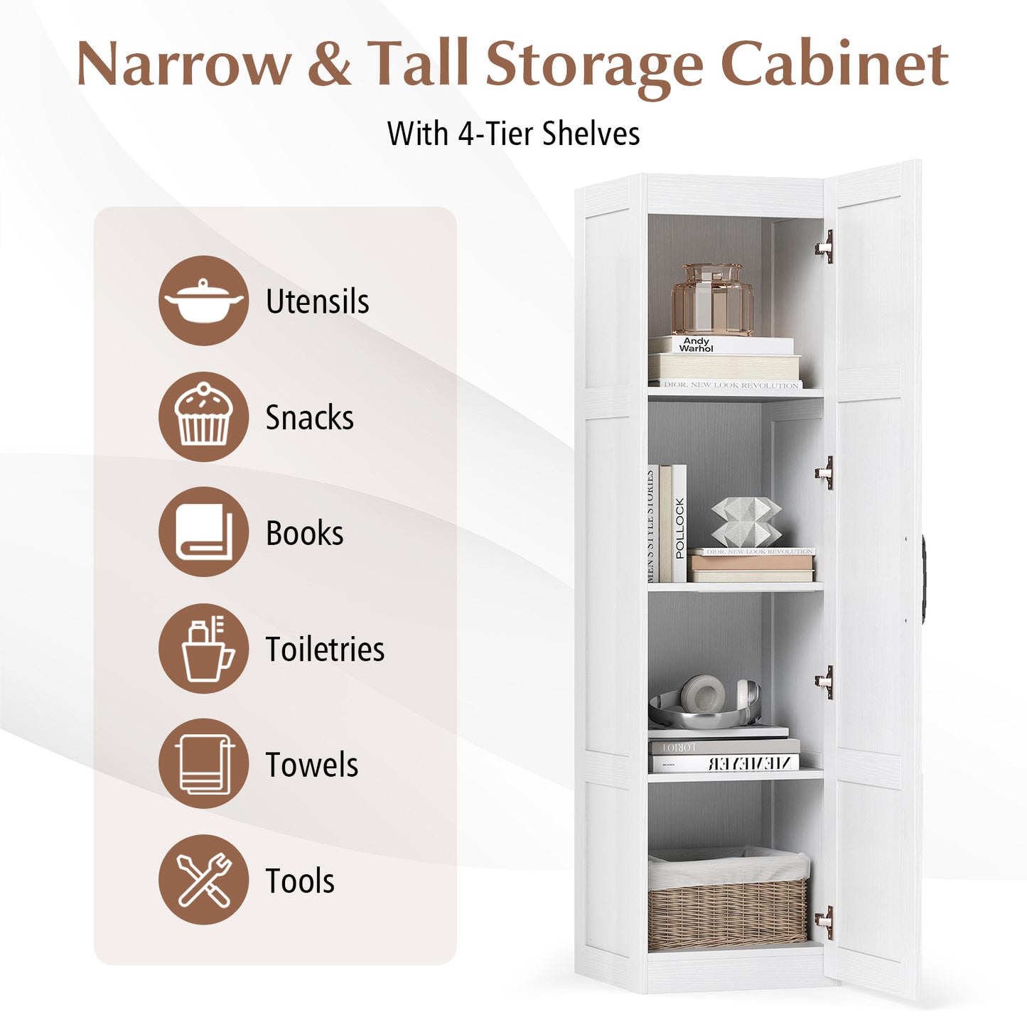Tall Storage Cabinet with 4 Storage Shelves for Bathroom Living Room-White