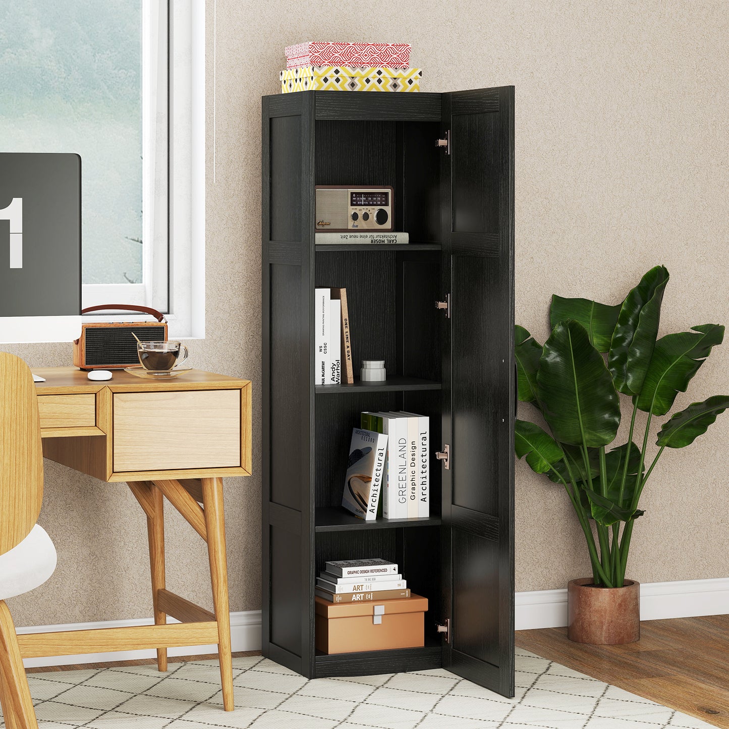 Tall Storage Cabinet with 4 Storage Shelves for Bathroom Living Room-Black